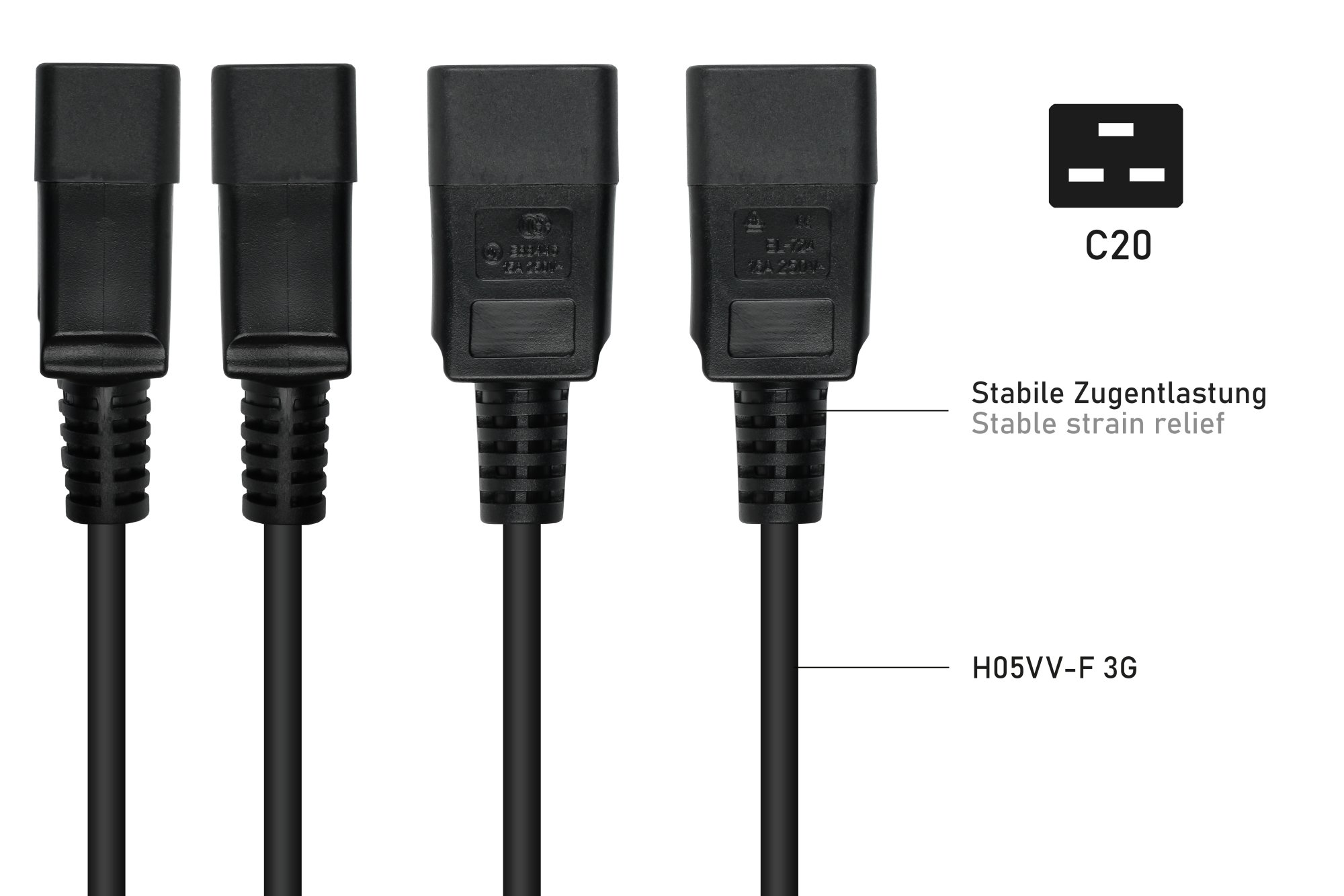 kabelmeister® Kaltgeräteverlängerung Kaltgeräte-Stecker C20 an Kaltgeräte-Buchse C19, schwarz, 1,50mm², 5 m