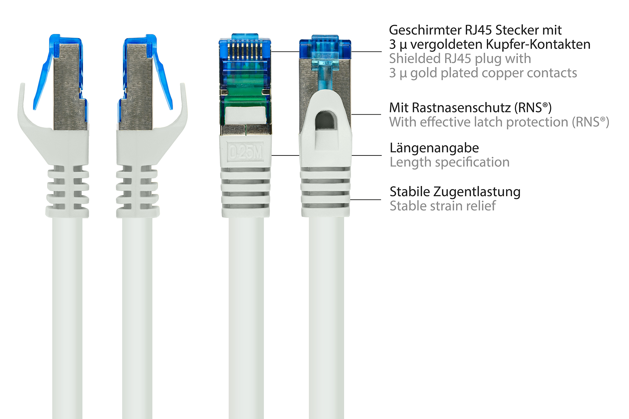 RNS® Patchkabel mit Rastnasenschutz, Cat. 6A, S/FTP, PiMF, halogenfrei, 500MHz, weiß, 10m, Good Connections®
