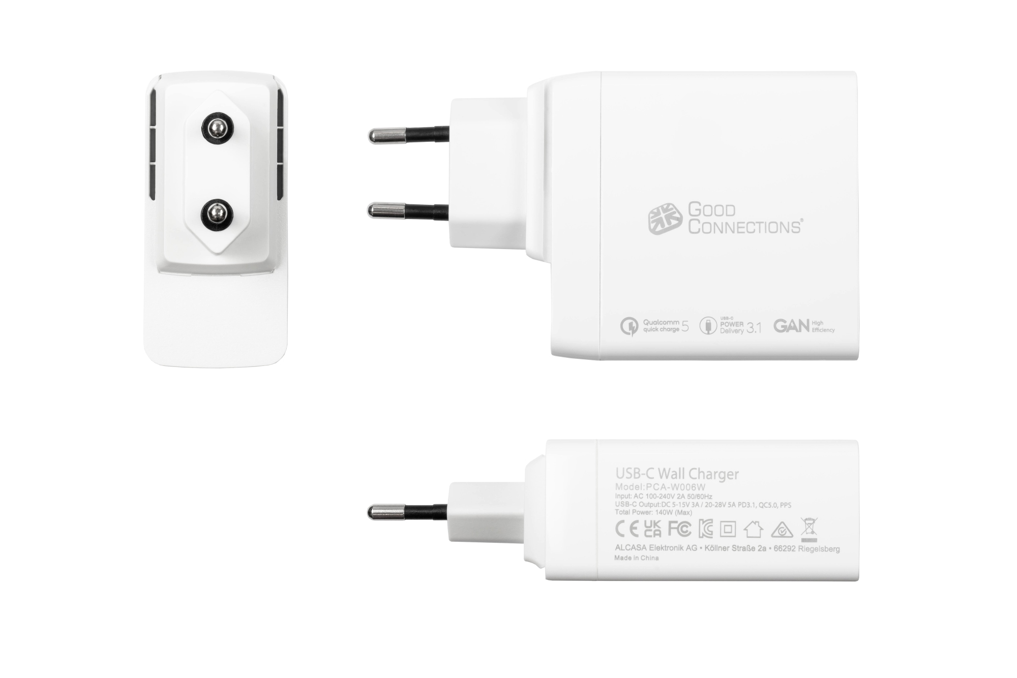 USB-fast charger 140W with GaN-Technologie, 2-Port (2x USB-C™), PD 3.1, QC 5, PPS, white, Good Connections®