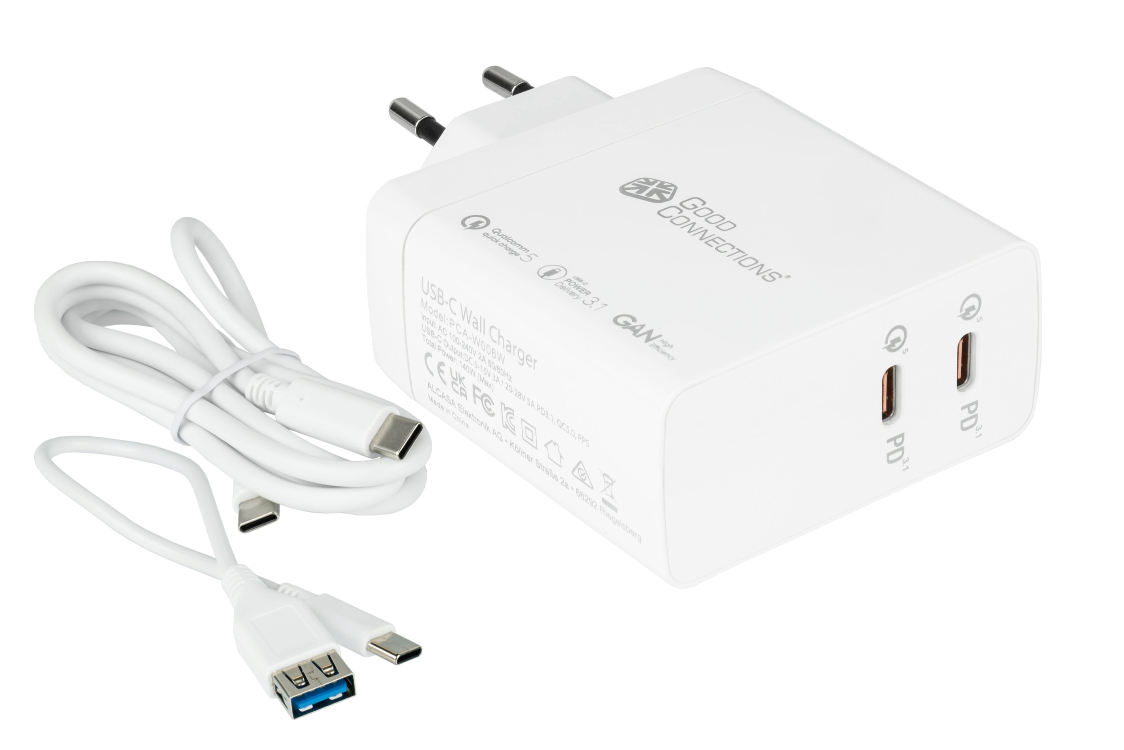 USB-fast charger 140W with GaN-Technologie, 2-Port (2x USB-C™), PD 3.1, QC 5, PPS, white, Good Connections®