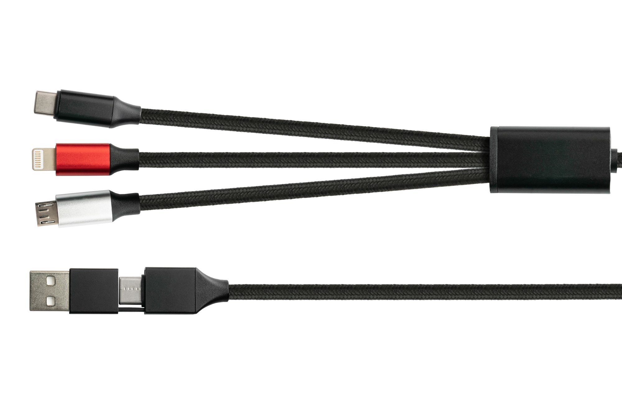 USB 6-in-1 charging cable, USB-A and USB-C™ to USB-C™ / USB Micro B / Lightning™, 3A, textile jacket, black, 1,2m, PYTHON® Series