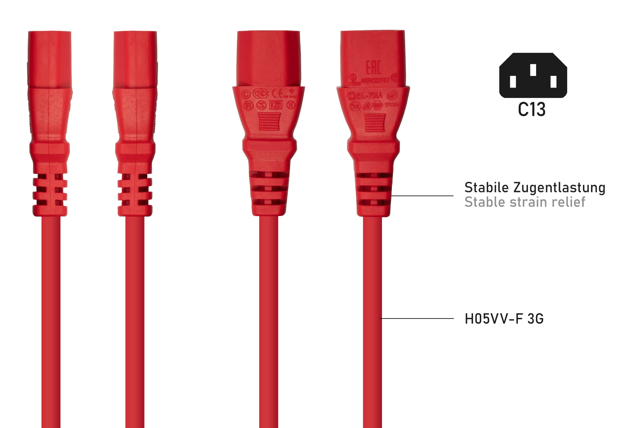 kabelmeister® Netzkabel Schutzkontakt-Stecker Typ E+F (90° gew.) an Kaltgeräte-Buchse C13, rot, 1,00mm², 3m