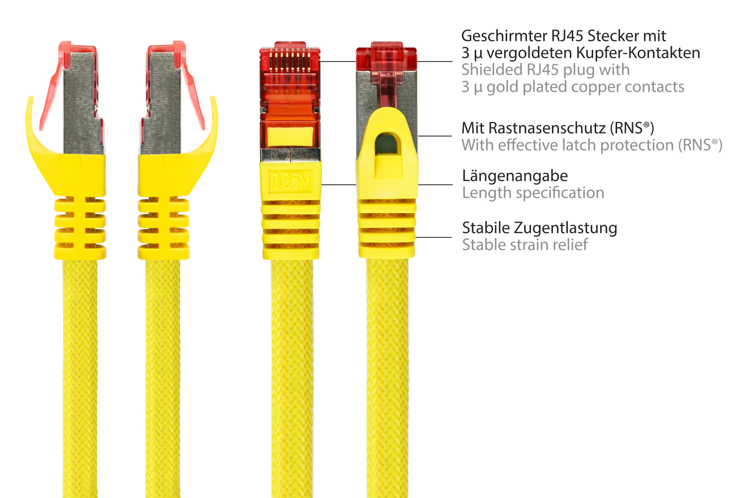 Python® Series Patchkabel mit Rastnasenschutz (RNS®) und Nylongeflecht, Cat. 6, S/FTP, PiMF, PVC, 250MHz, OFC, gelb, 5m