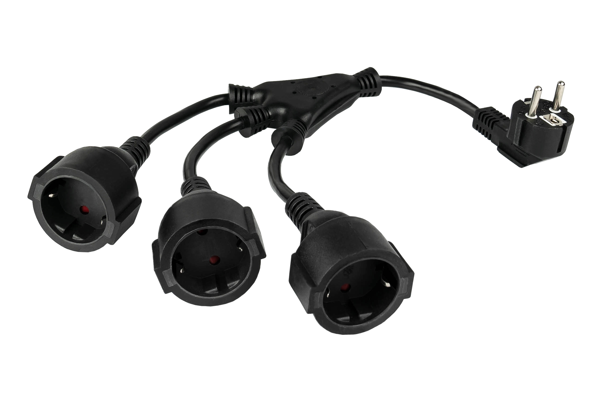 kabelmeister® W Power cable safety plug type E+F (CEE 7/7, angled) to 3x socket, black, 0,2m