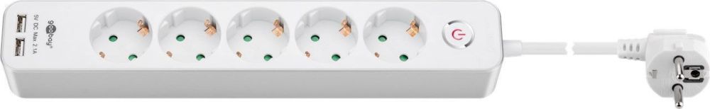 Steckdosenleiste 5-fach + 2x USB (2,1A), mit Schalter, Berührungsschutz, weiß, 1,5m