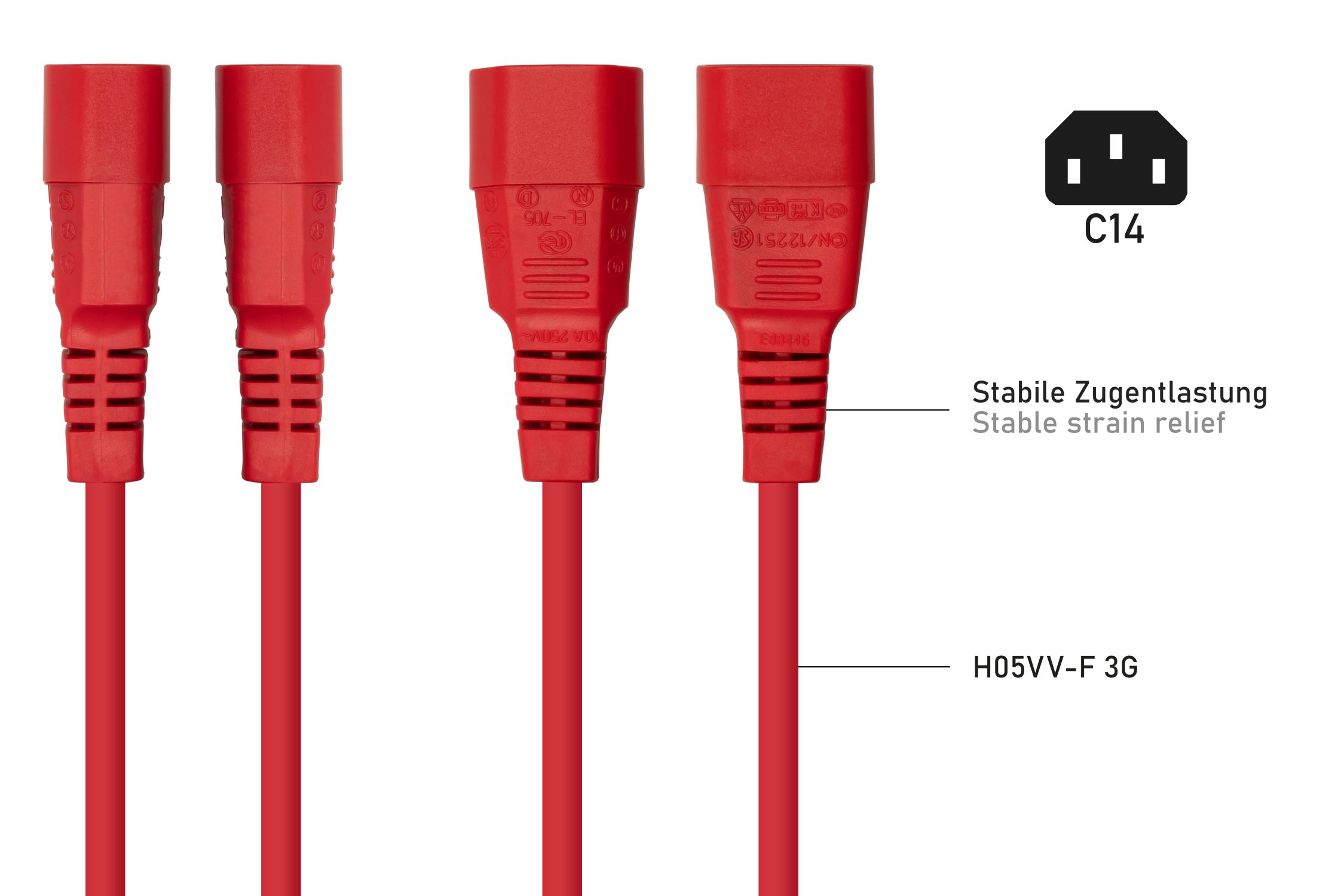kabelmeister® Kaltgeräteverlängerung Kaltgeräte-Stecker C14 an Kaltgeräte-Buchse C13, rot, 0,75mm², 0,5m