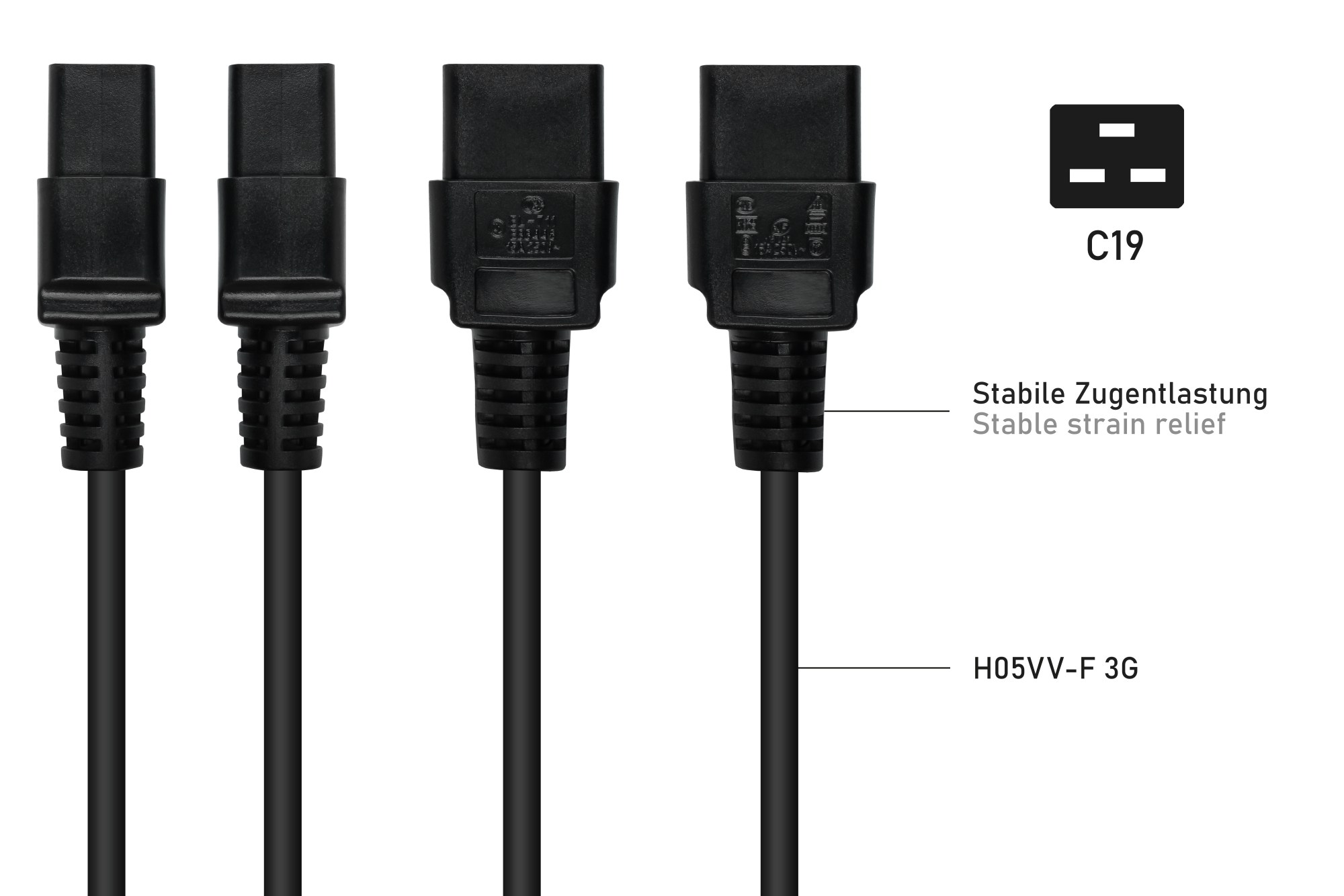 kabelmeister® Kaltgeräteverlängerung Kaltgeräte-Stecker C20 an Kaltgeräte-Buchse C19, schwarz, 1,50mm², 0,5 m