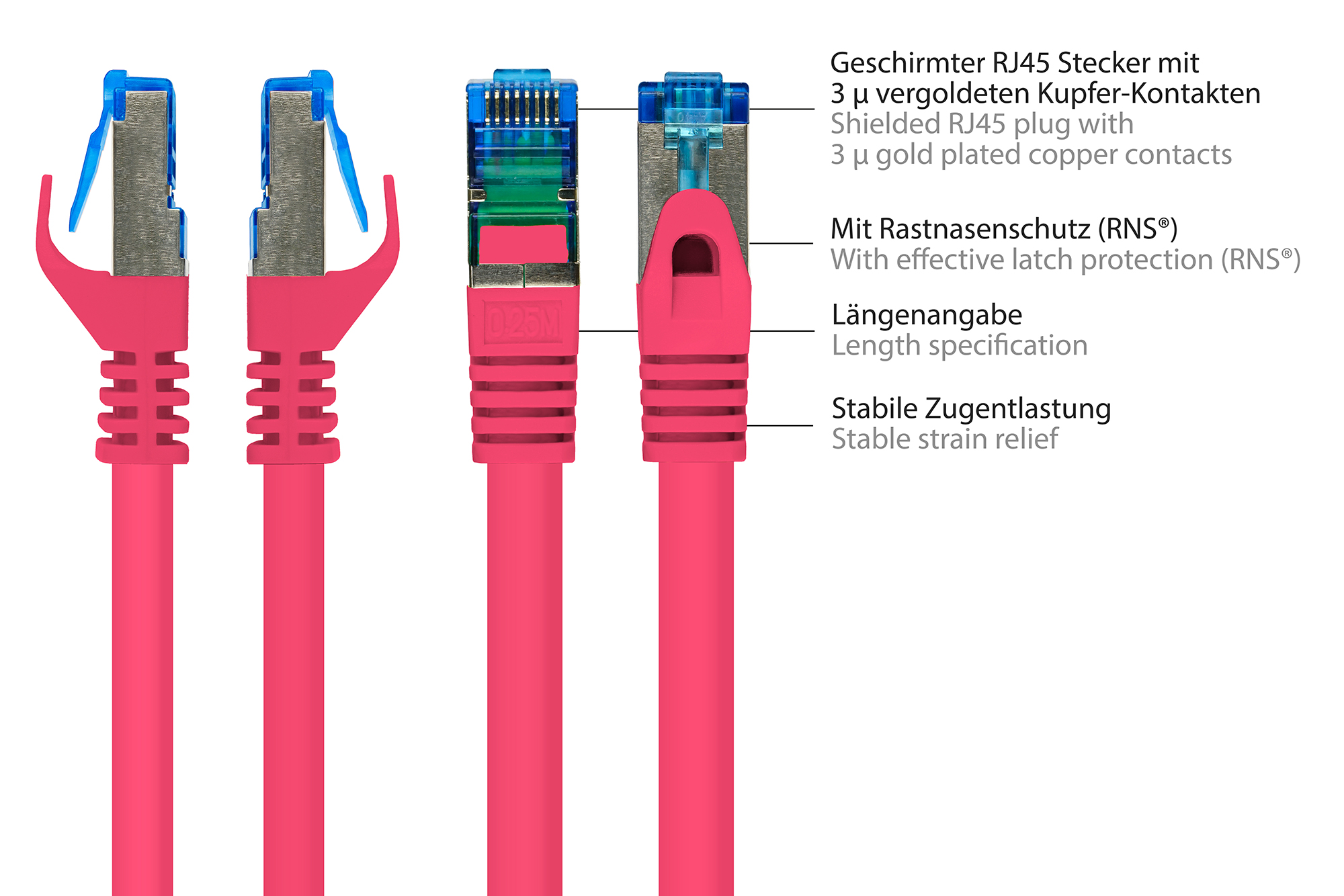 RNS® Patchkabel mit Rastnasenschutz, Cat. 6A, S/FTP, PIMF, halogenfrei, 500MHz, magenta, 5m, Good Connections®