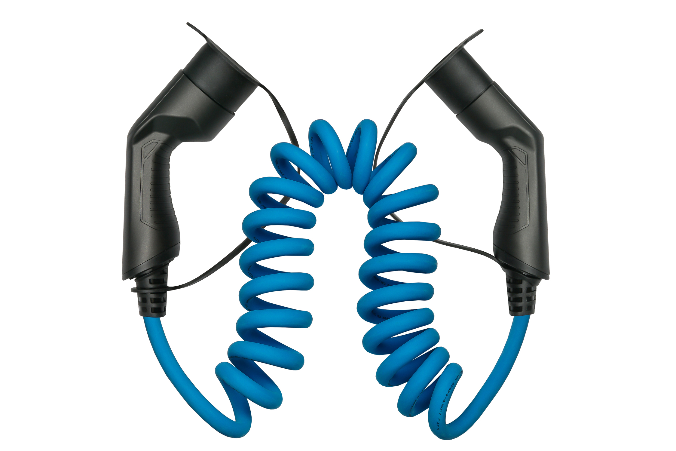 kabelmeister® Type 2 charging cable for electric and hybrid vehicles, 3-phase, 32 A, 22 kW, spiral cable, blue, 5m