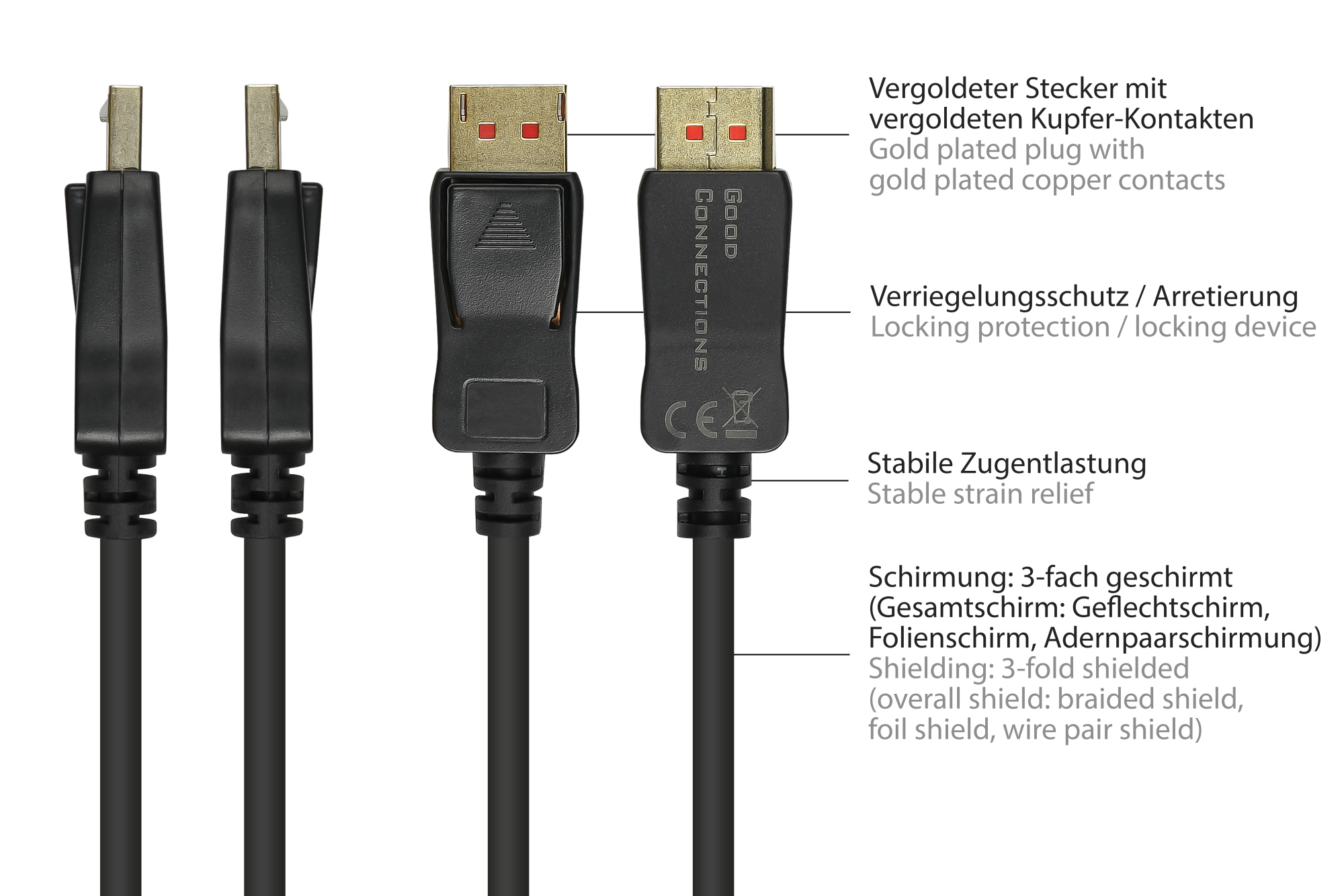 Connection cable DisplayPort 1.4, 8K / UHD-2 @60Hz, gold-plated contacts, CU, black, 2m, Good Connections®