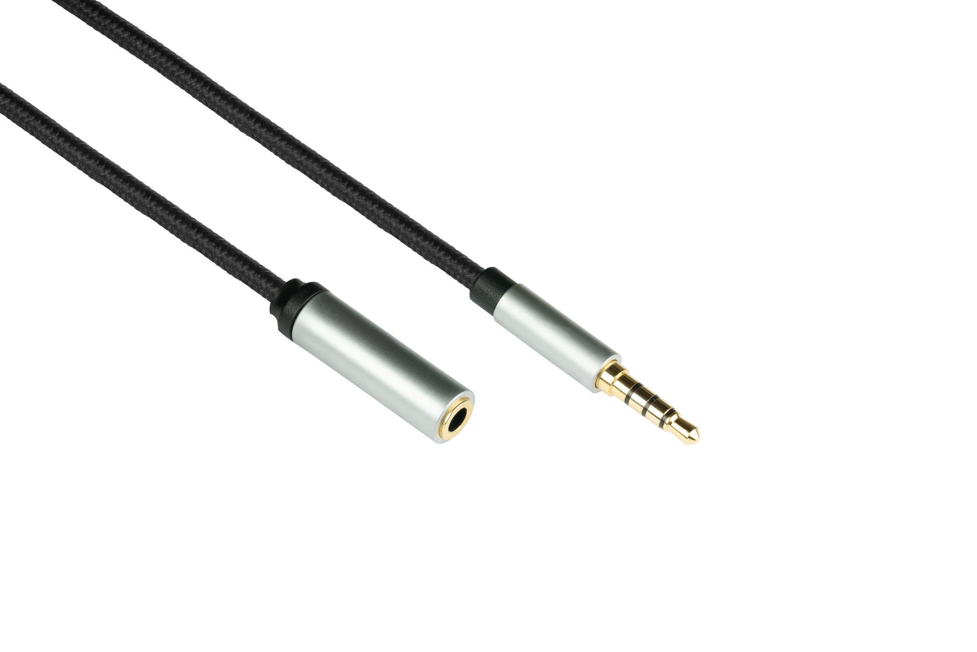 High-quality audio extension cable, 4-pin, 3,5mm jack connectors to socket, textile coated, black, 3m, PYTHON® Series