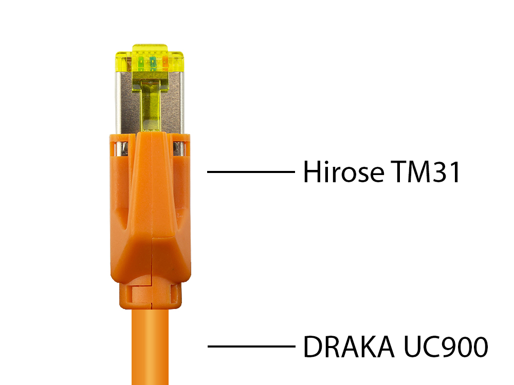 Patchkabel mit Cat. 7 Draka UC900 Rohkabel (900MHz) und Hirose TM31 Stecker (500MHz) beidseitig, S/FTP, PiMF, halogenfrei (LSZH), KUPFER, orange, 14m