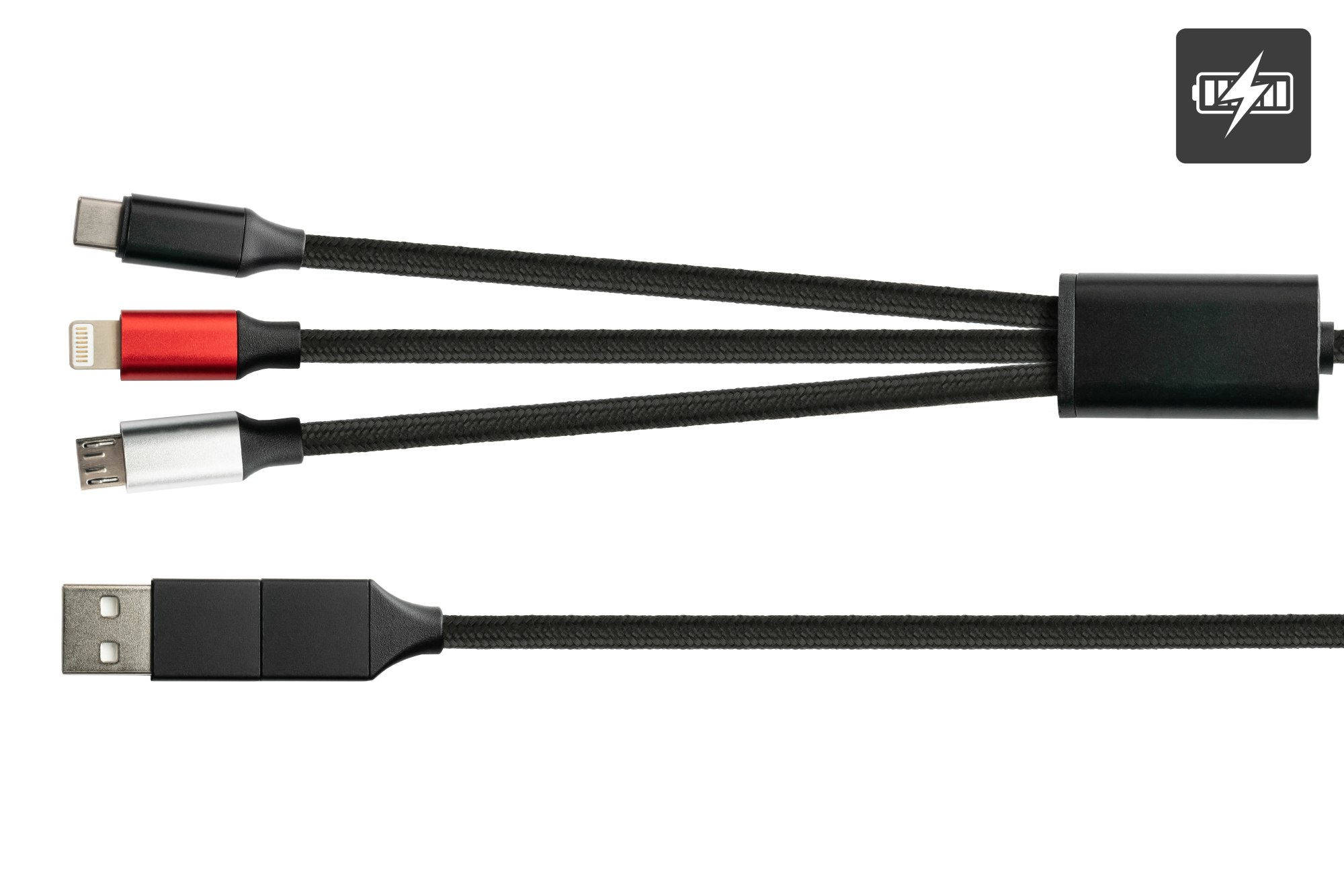 USB 6-in-1 charging cable, USB-A and USB-C™ to USB-C™ / USB Micro B / Lightning™, 3A, textile jacket, black, 1,2m, PYTHON® Series