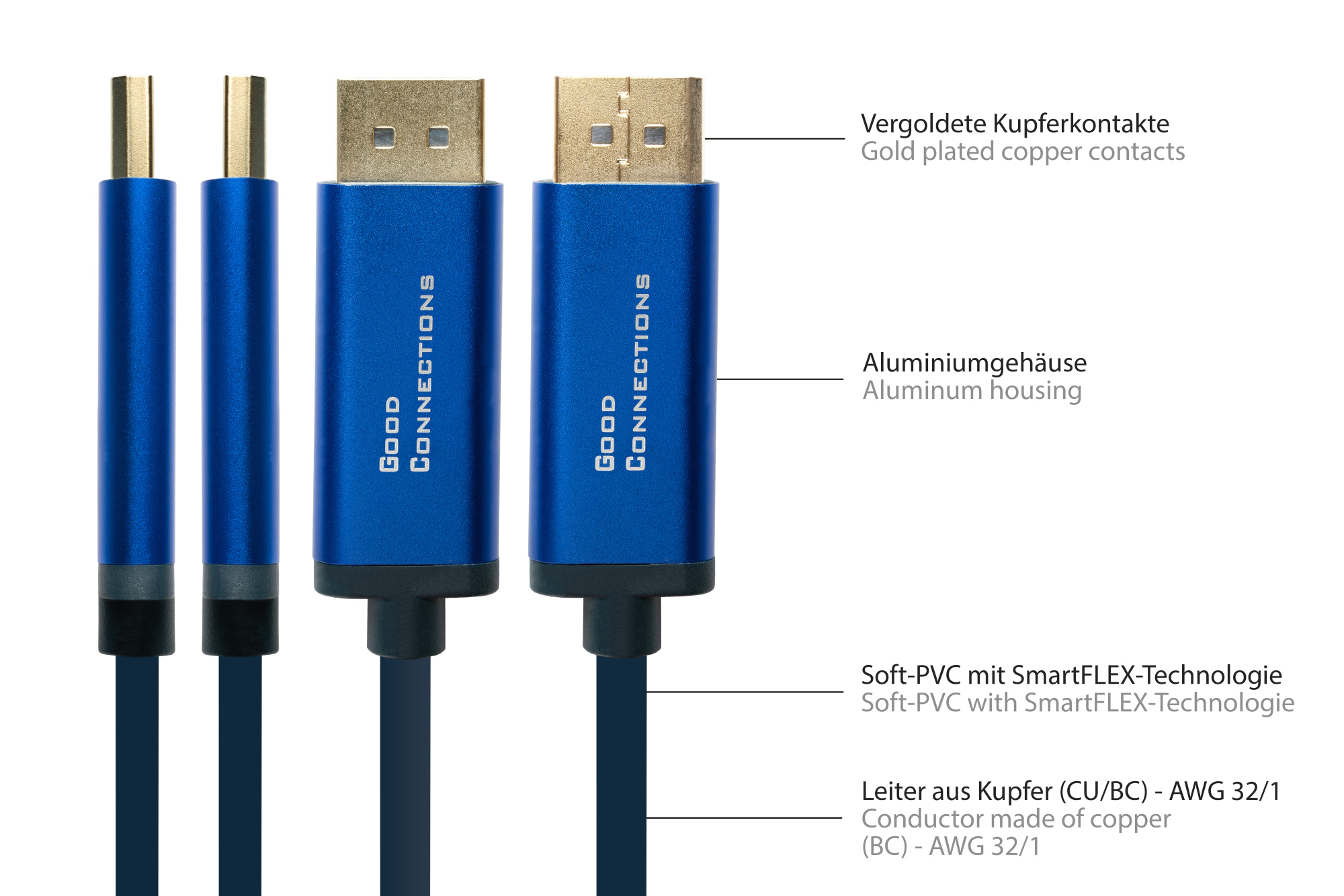 USB-C™ to DisplayPort 1.2 SmartFLEX cable, 4K UHD @60Hz, aluminium housing, CU, dark blue, 1m, Good Connections®
