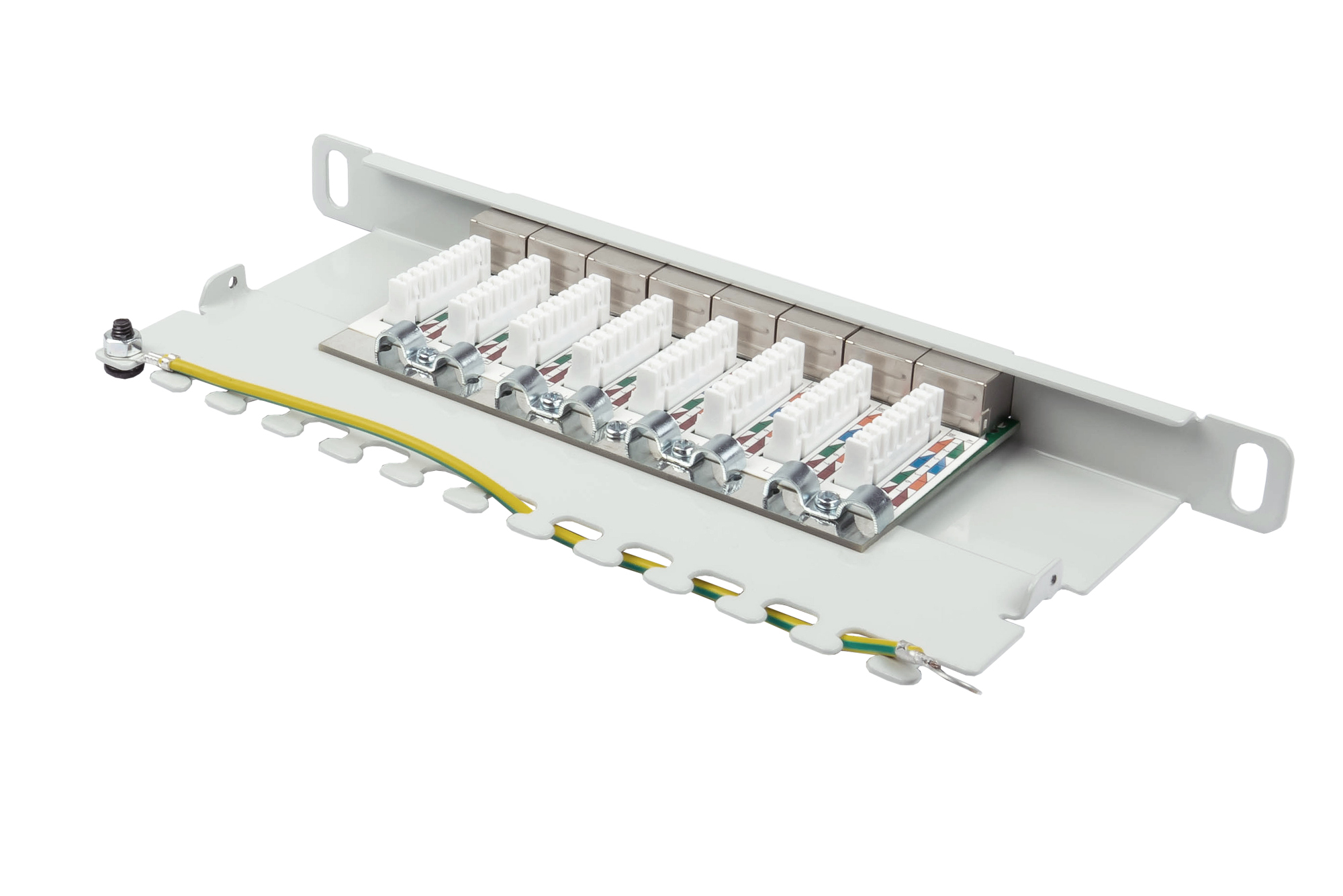 Patch Panel 10" Cat. 6A, 8-port, 0,5 U, STP shielded, toolless opening, light grey (RAL7035), Good Connections®