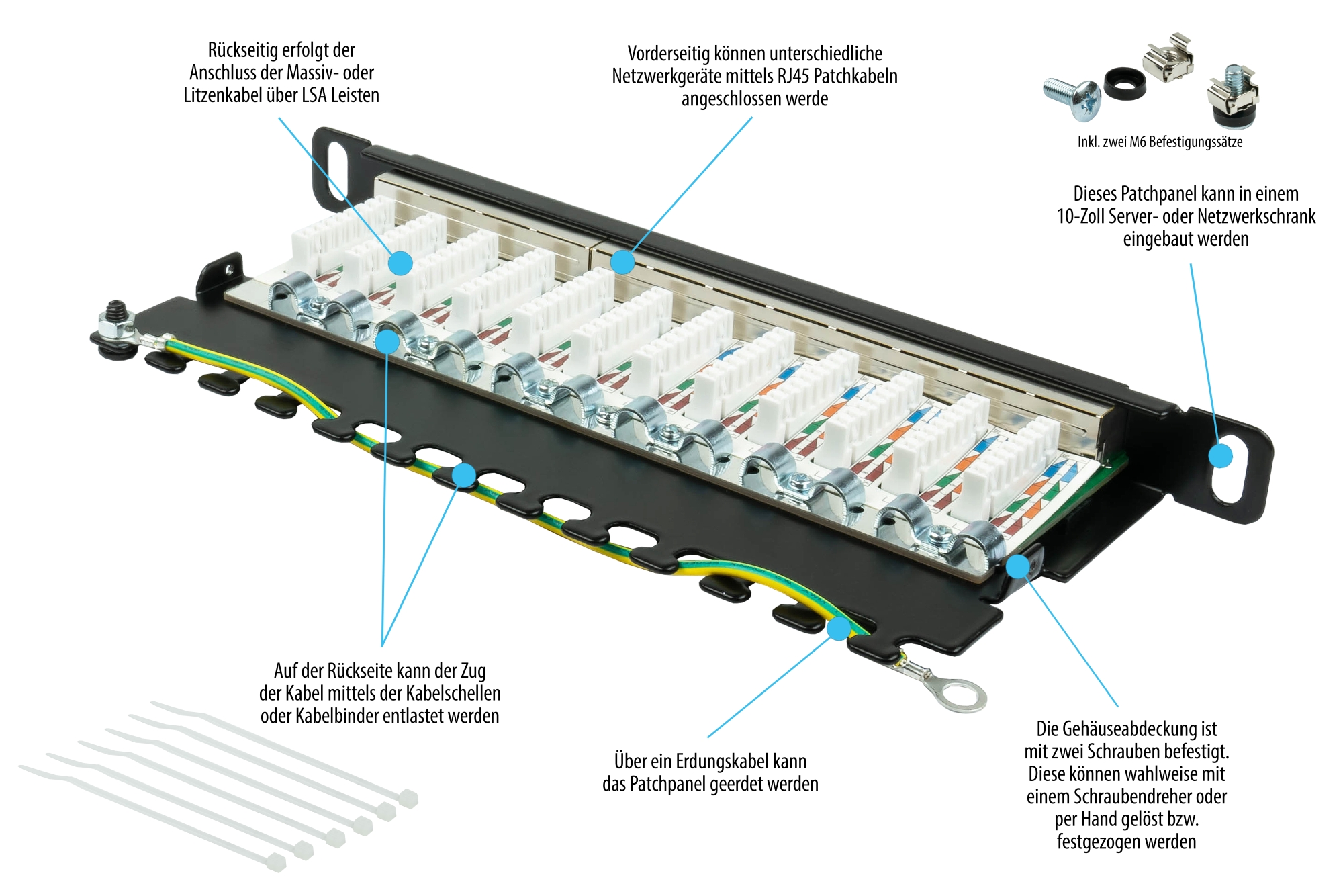 Patch Panel 10" Cat. 6, 12-port, 0,5 U, STP shielded, toolless opening, deep black (RAL9005), Good Connections®