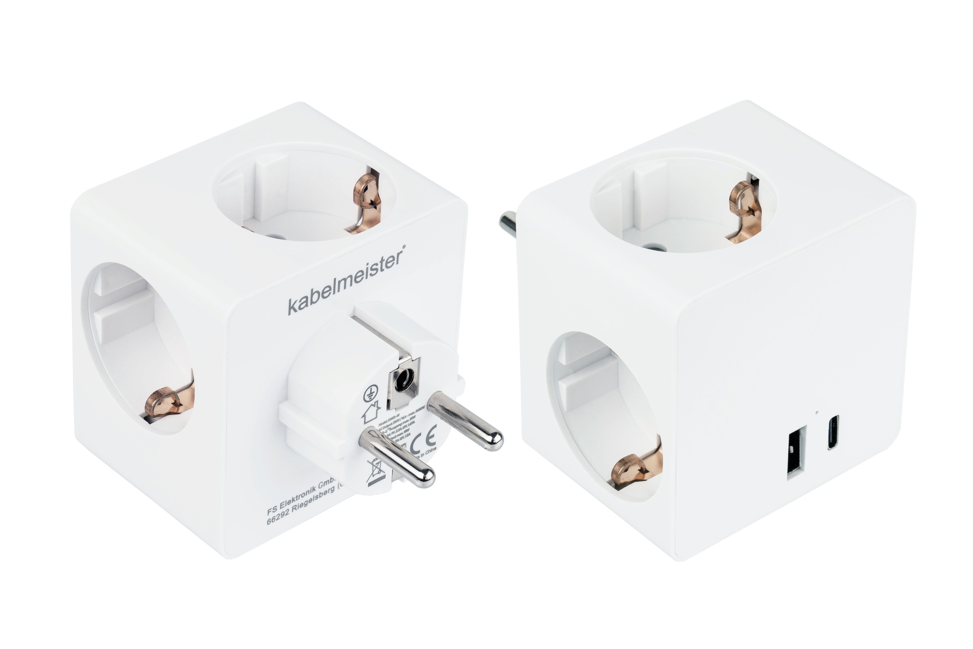 Steckdosenwürfel mit 3x Schutzkontakt-Buchse, USB-C™ (20W, PD 3.0) und USB-A Buchse (18W), weiß