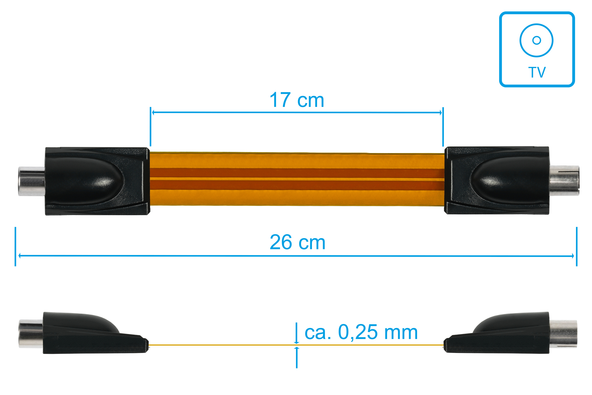 SAT/TV window feedthrough high quality, IEC/coax plug to socket, total length 26cm, flexible length 17cm, transparent, Good Connections®