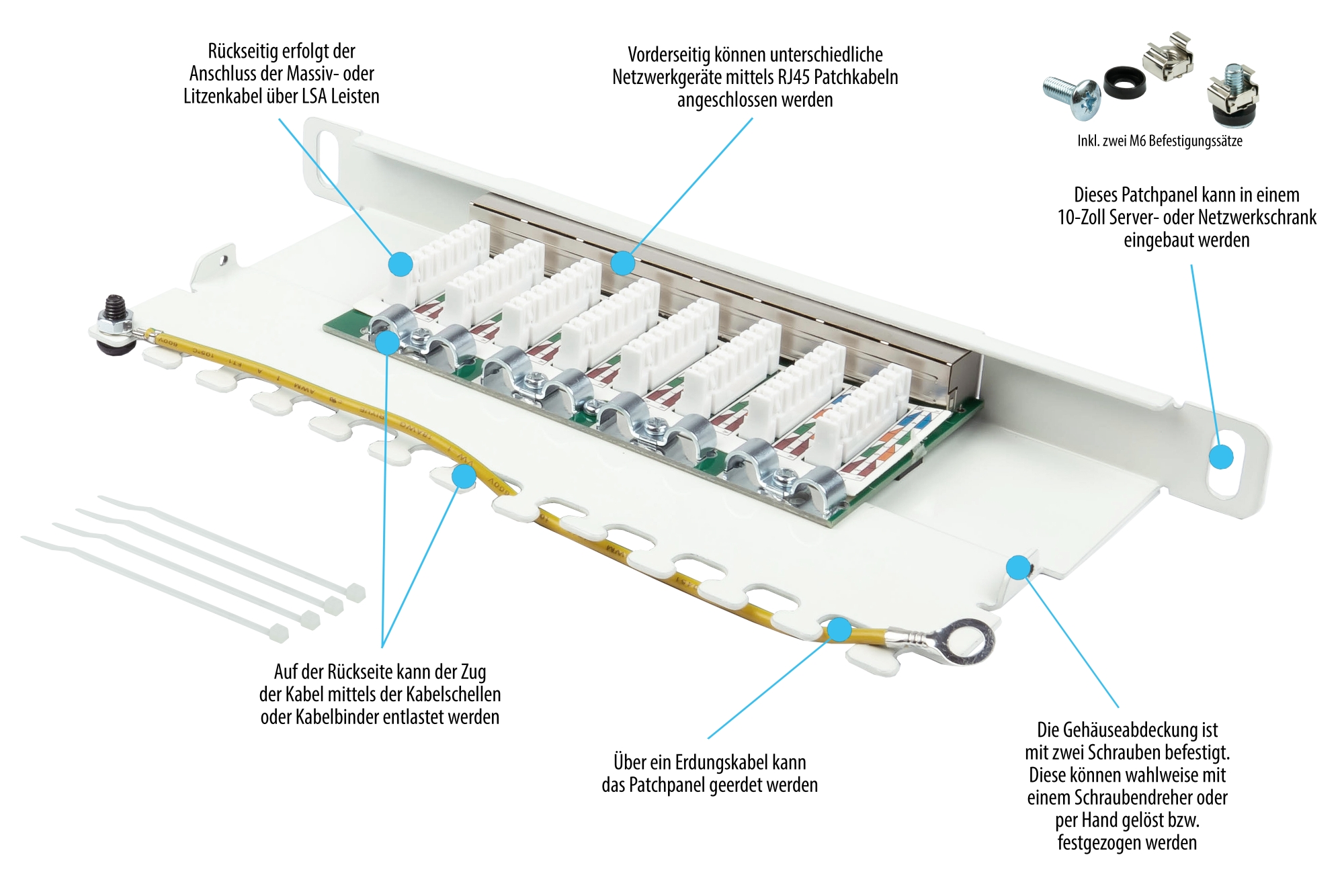 Patch Panel 10" Cat. 6, 8-port, 0,5 U, STP shielded, toolless opening, pure white (RAL9010), Good Connections®