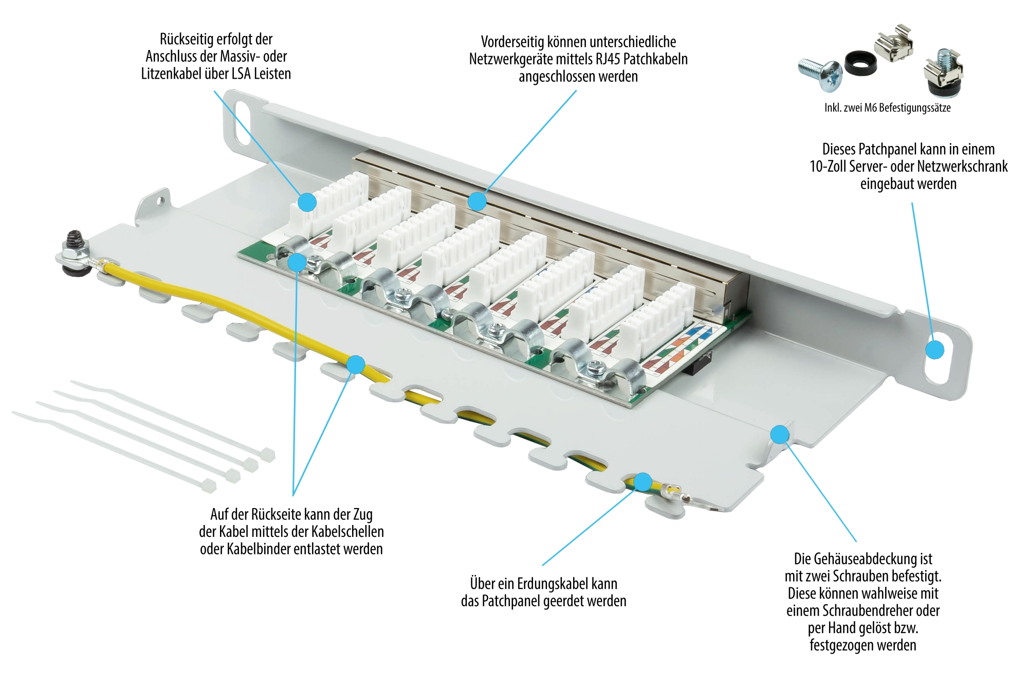Patch Panel 10" Cat. 6, 8-port, 0,5 U, STP shielded, toolless opening, light grey (RAL7035), Good Connections®
