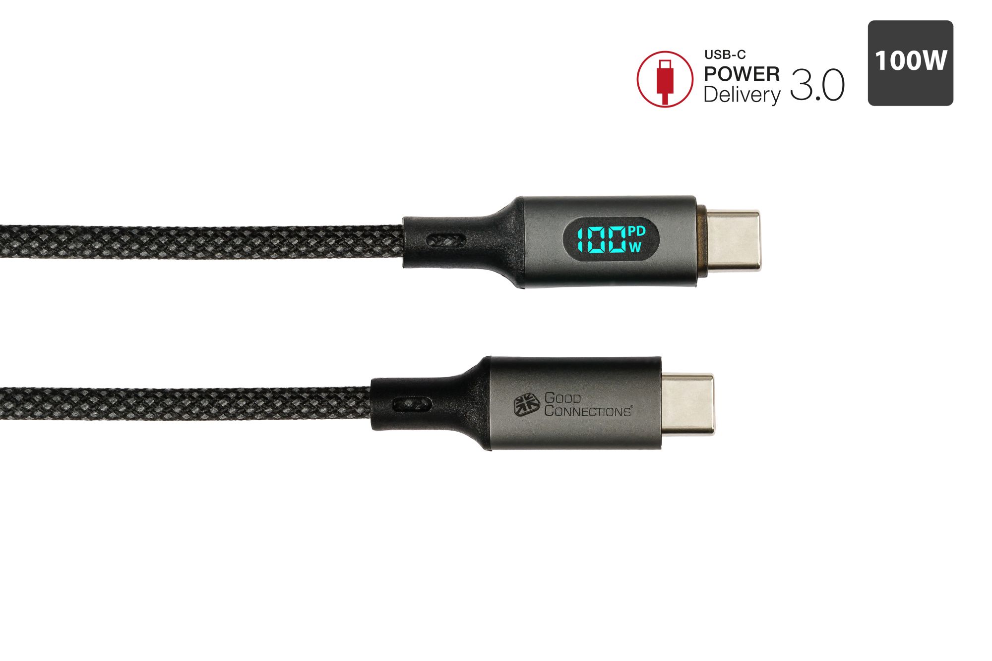 USB 2.0 Lade- und Datenkabel (100W) mit Digitalanzeige, USB-C™ Stecker an USB-C™ Stecker, schwarz, 1m, Good Connections®