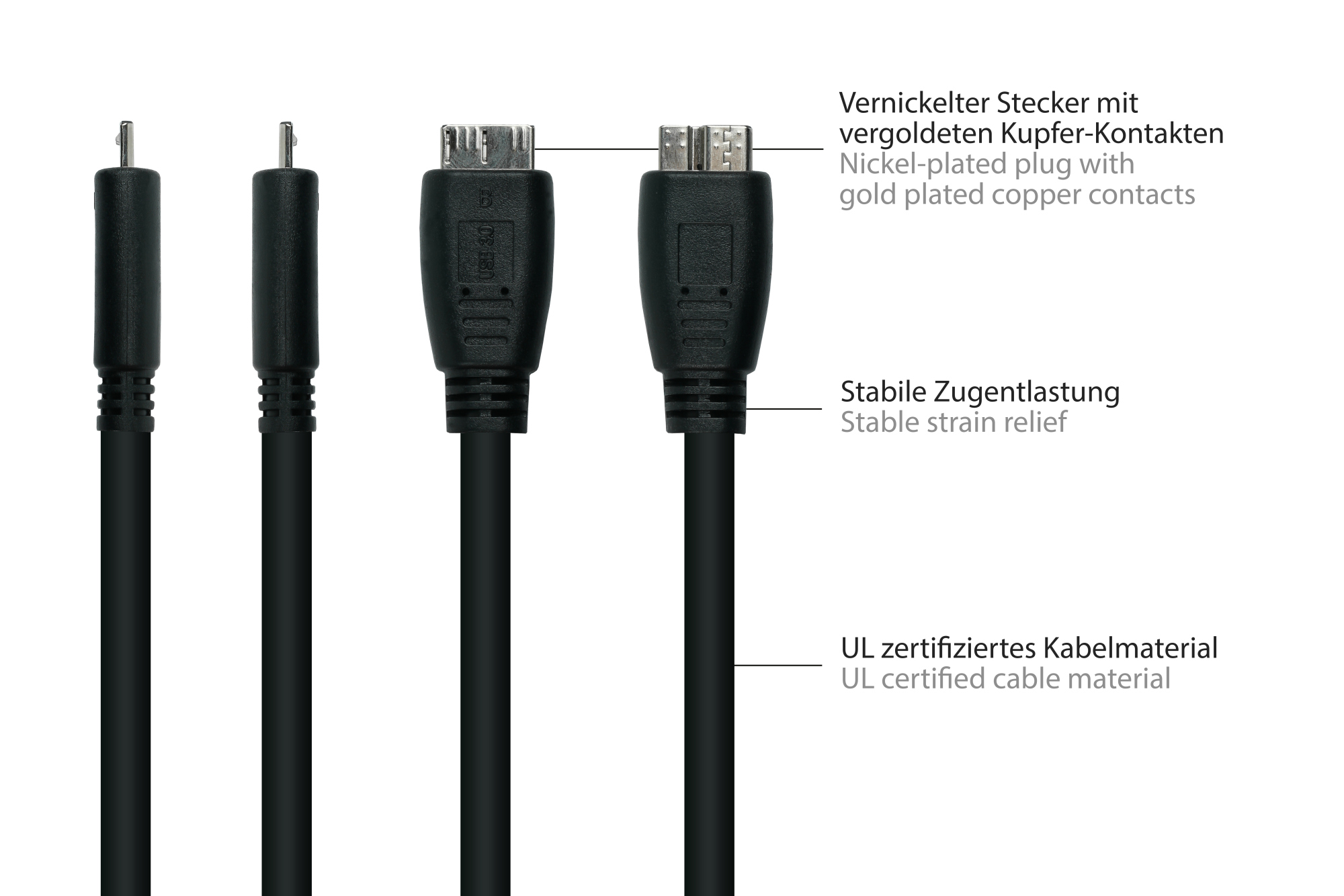 kabelmeister® Anschlusskabel USB 3.0 Stecker A an Stecker Micro B, Premium, DATA AWG28 / Power AWG24, UL, KUPFER, schwarz, 1,8m