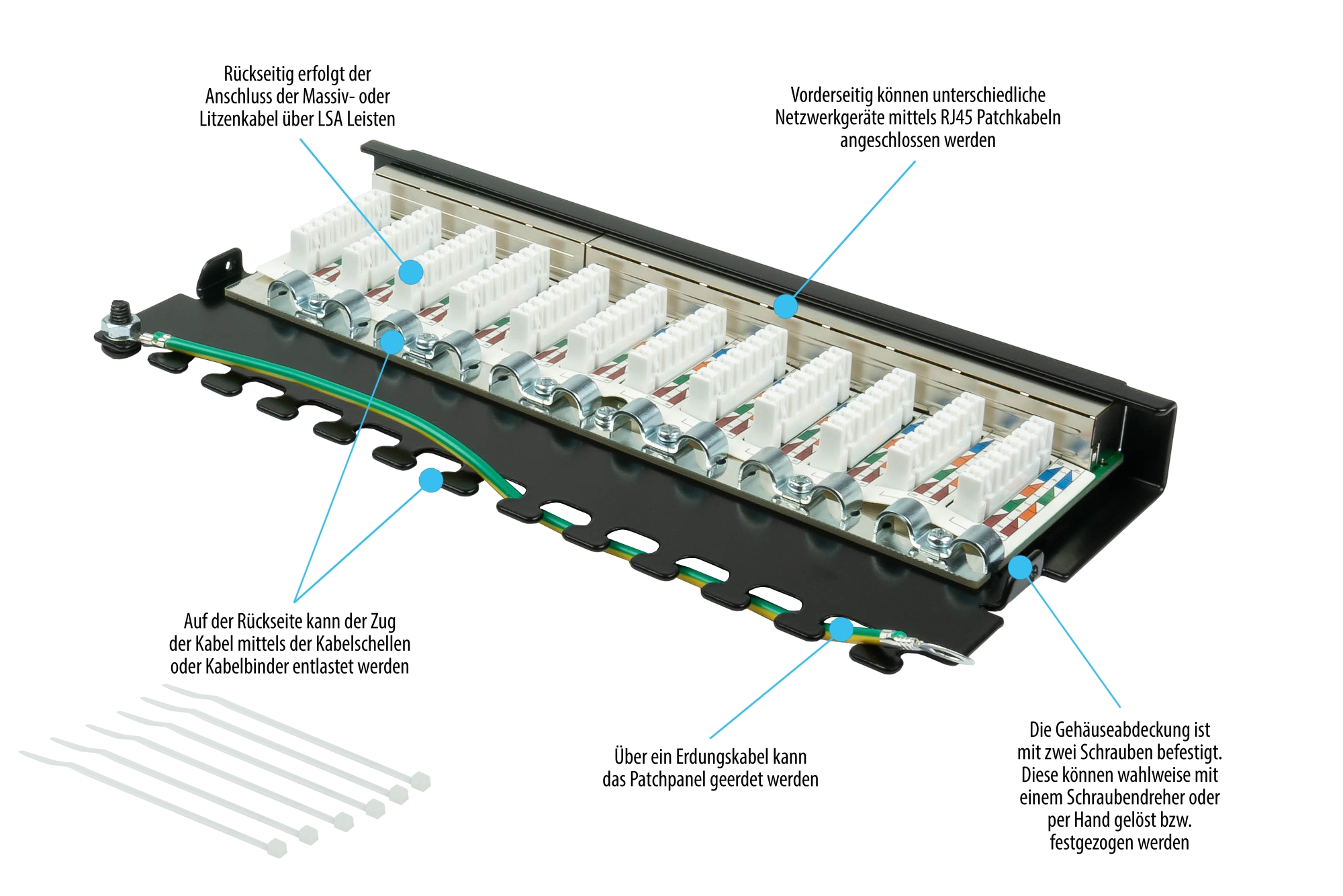 Patchpanel Desktop Cat. 6, 12-Port, 0,5 HE, STP geschirmt, werkzeugloses Öffnen, Tiefschwarz (RAL9005), Good Connections®