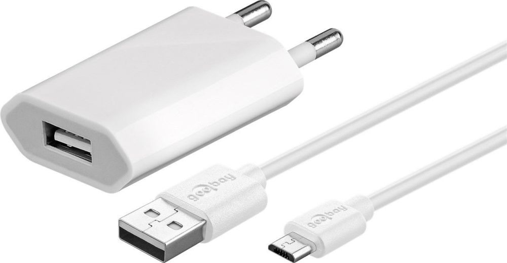 USB-Ladegerät, 1 Port, 1A, flache Bauform, inkl. Anschlusskabel USB Stecker A an Stecker Mirco B, weiß, 1m