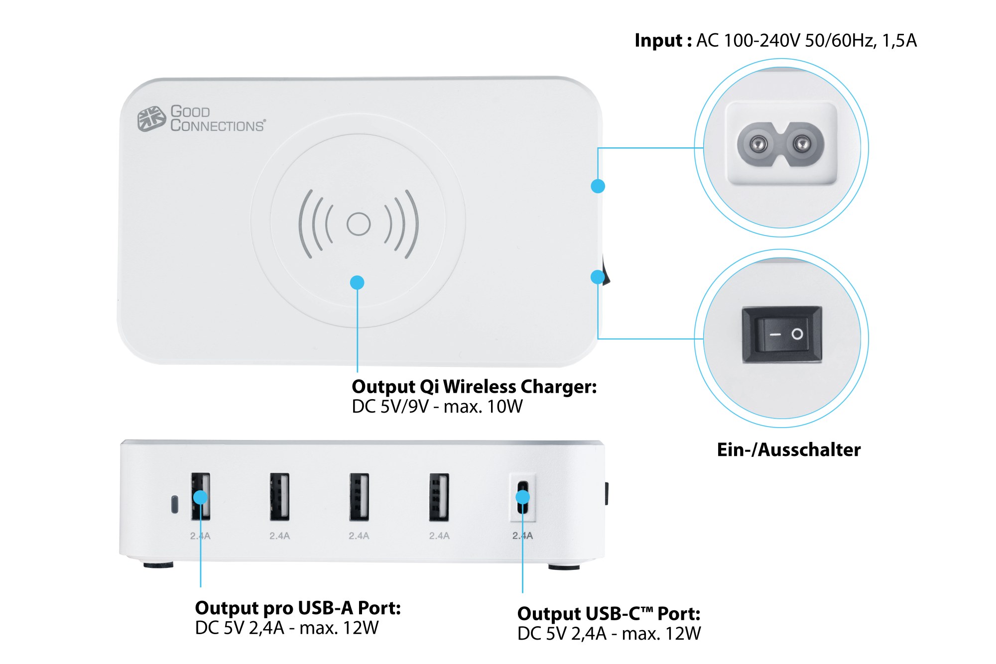 USB desktop charging station 60W, 5 port (1x USB-C™ and 4x USB-A), 10W Qi wireless charging, white, Good Connections®