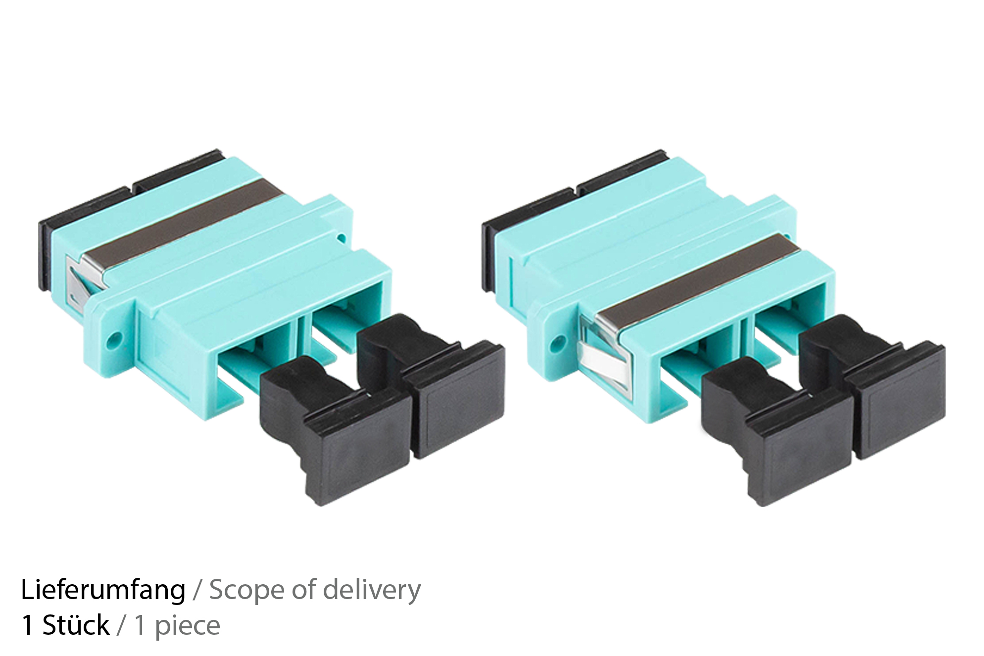 Fibre optic duplex coupling, SC (UPC) to SC (UPC), OM3, Multimode, plastic housing with flange, ceramic sleeve, aqua, Good Connections®