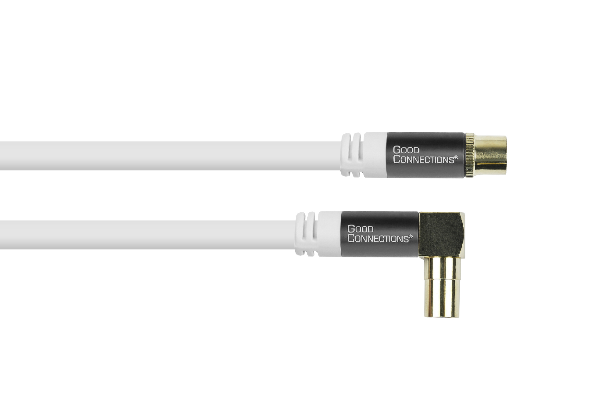 Antenna cable SmartFLEX, IEC/coax plug angled to socket, gold-plated, quad-shielded, shielding measure 120dB, white, 1,5m, Good Connections®