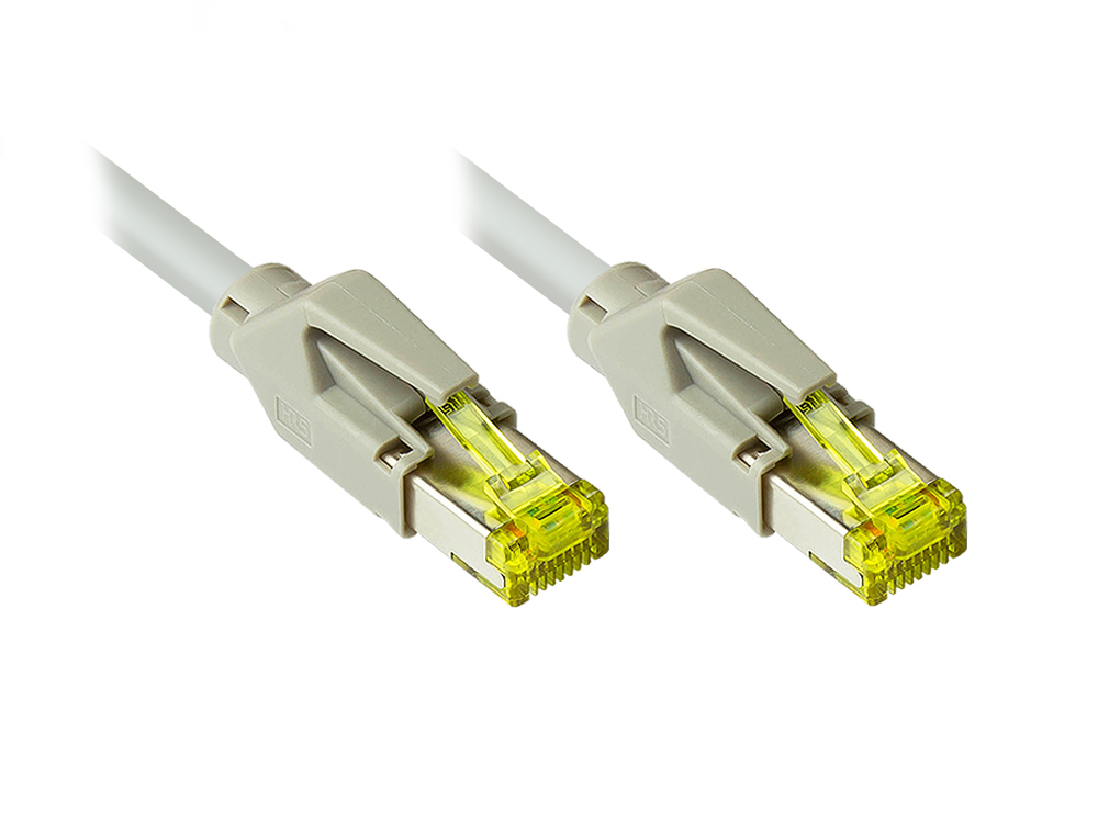 Patchkabel mit Cat. 7 Draka UC900 Rohkabel (900MHz) und Hirose TM31 Stecker (500MHz) beidseitig, S/FTP, PiMF, halogenfrei (LSZH), KUPFER, grau, 5m