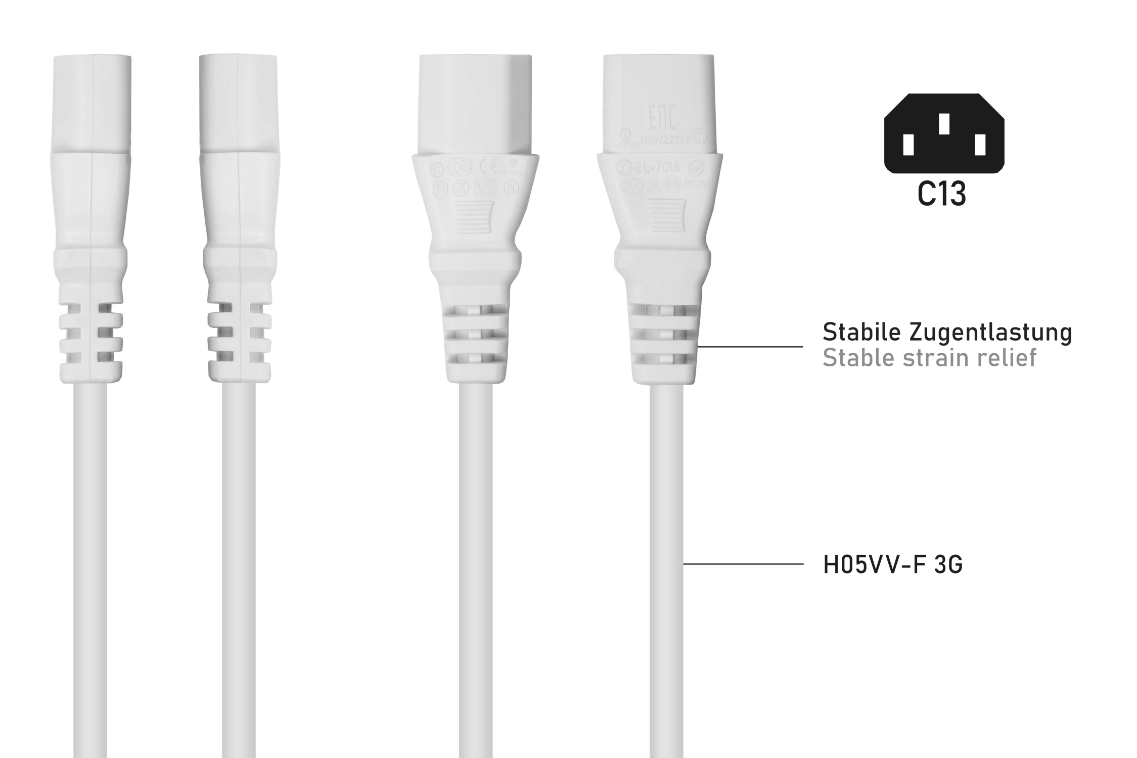 kabelmeister® Kaltgeräteverlängerung Kaltgeräte-Stecker C14 an Kaltgeräte-Buchse C13, weiß, 0,75mm², 2m