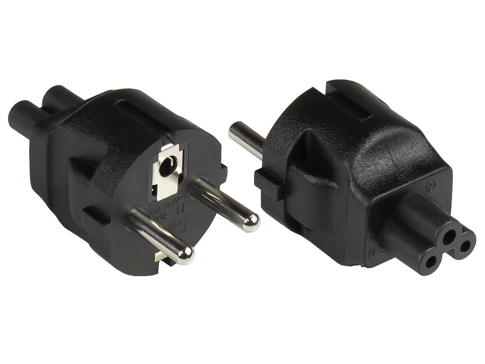 Power adapter safety plug type E+F (CEE 7/7, straight) to cloverleaf socket C5 (straight), black, Good Connections®