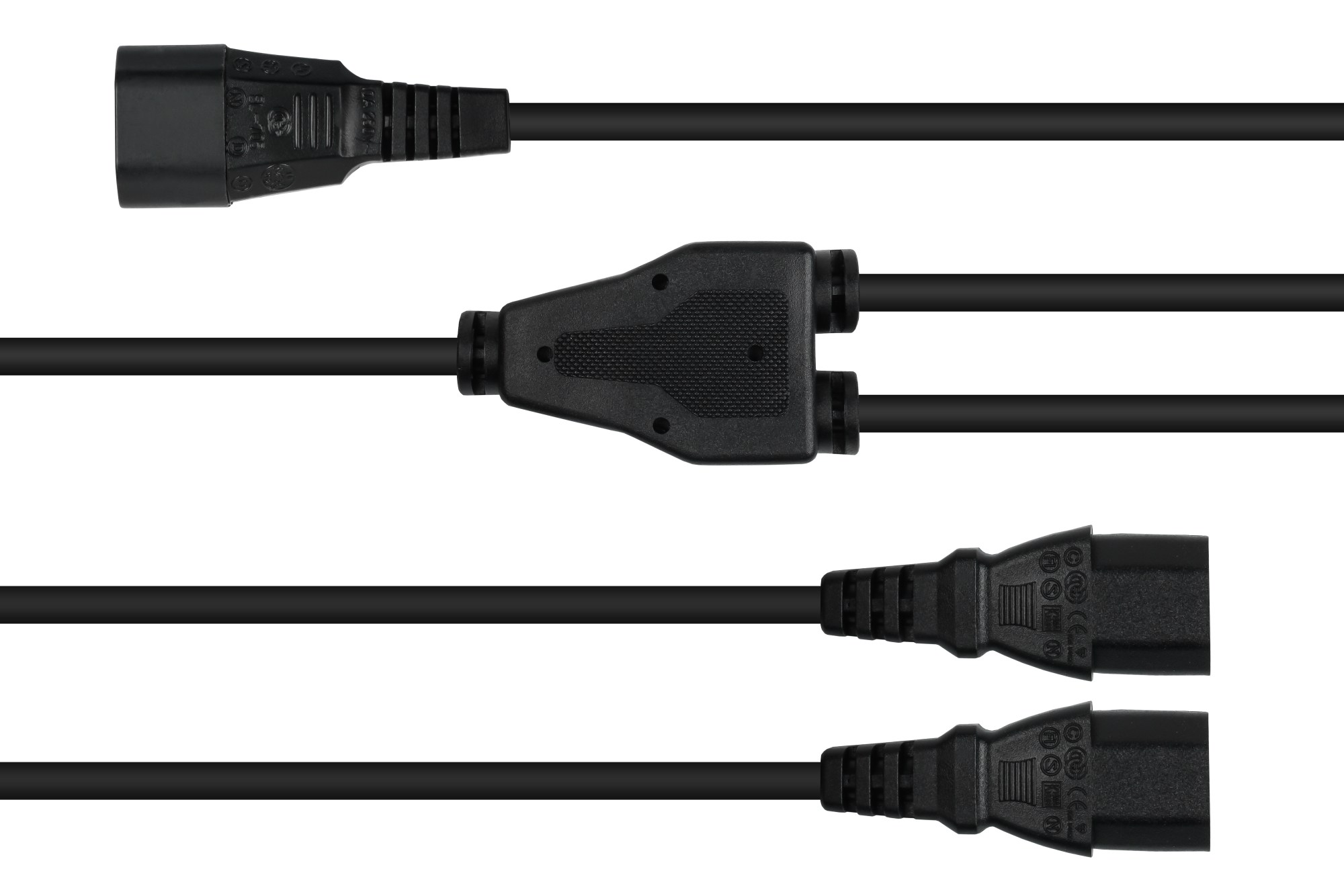 kabelmeister® Y-Kaltgeräteverlängerung Kaltgeräte-Stecker C14 an 2x Kaltgeräte-Buchse C13, schwarz, 0,3m