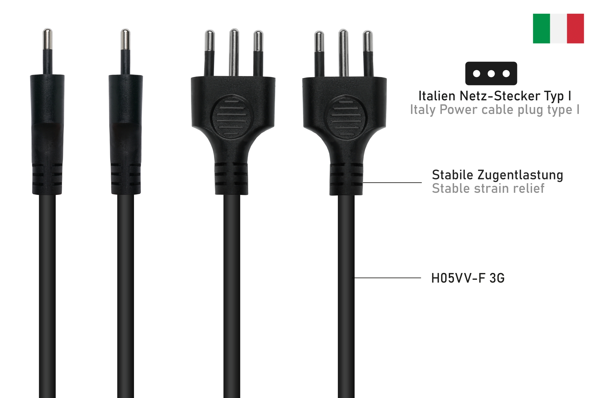 Power cable Italy plug type L (CEI 23-16) to IEC socket C13, black, 0,75mm², 1,8m