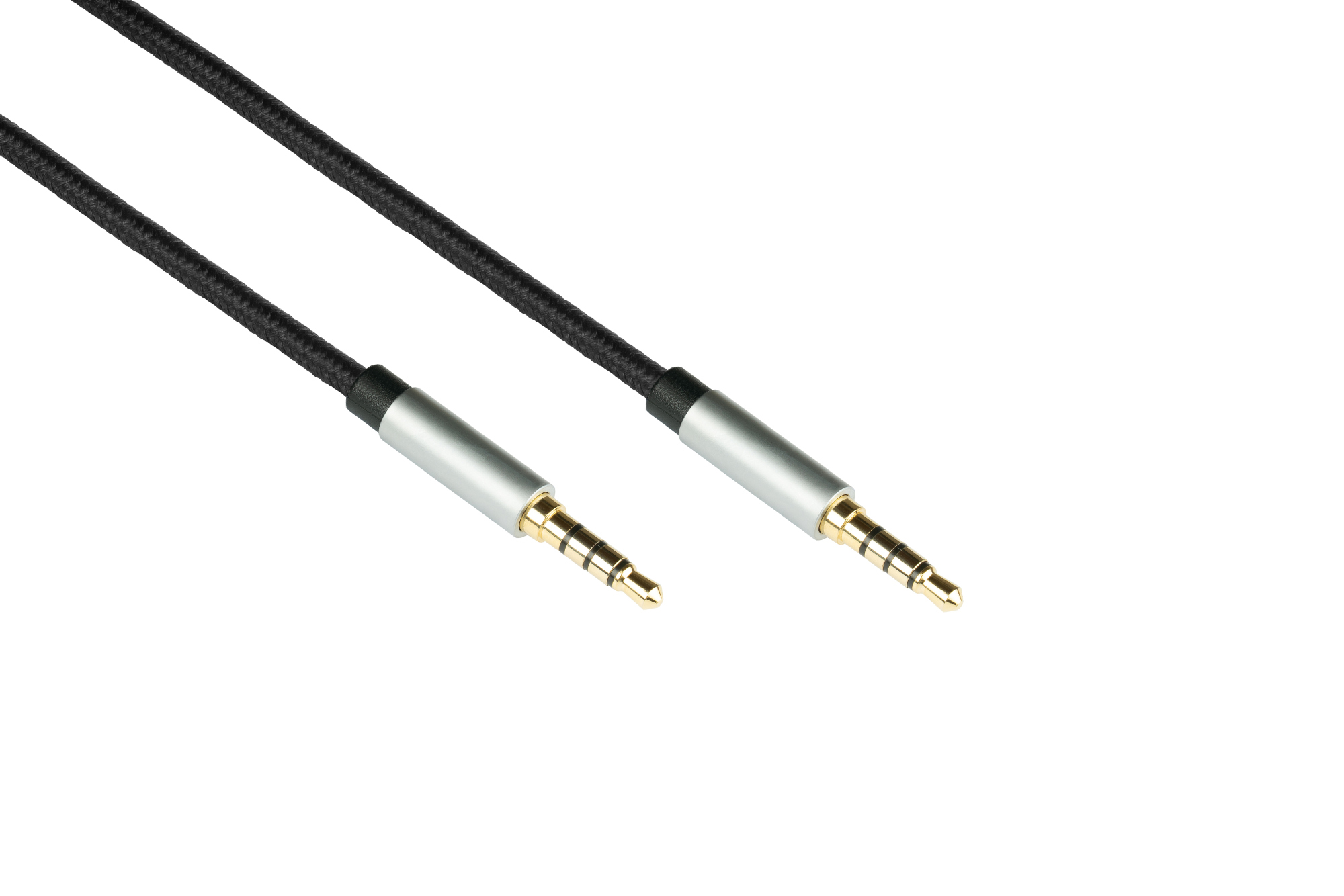 High-quality audio connection cable, 4-pin, 3,5mm jack connectors on both sides, textile coated, black, 2m, PYTHON® Series