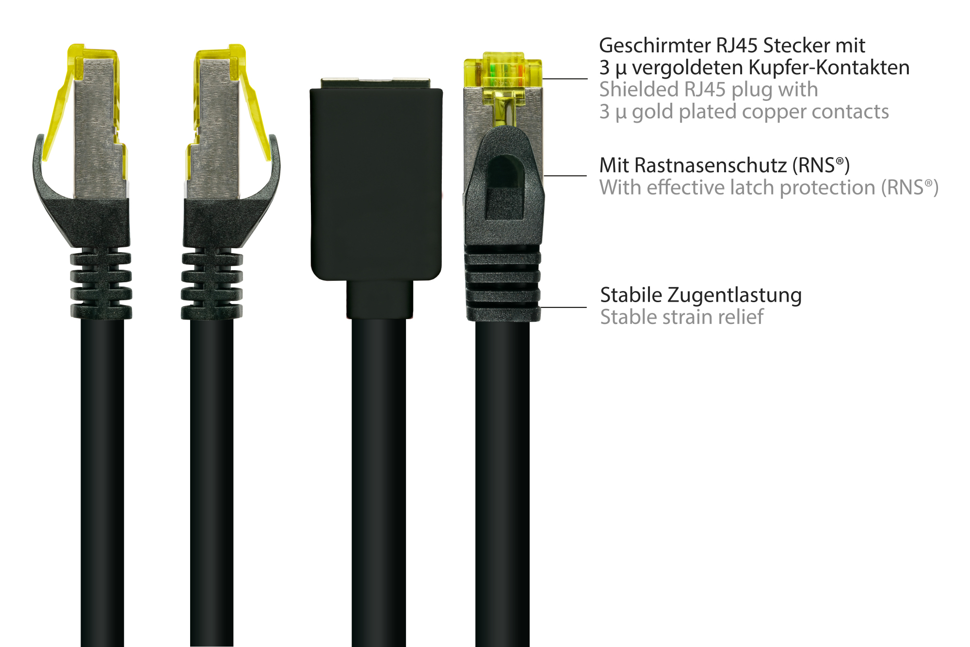RJ45 Patchkabelverlängerung mit Cat. 7 Rohkabel und Rastnasenschutz (RNS®), S/FTP, PiMF, halogenfrei, 500MHz, OFC, schwarz, 5m, Good Connections®