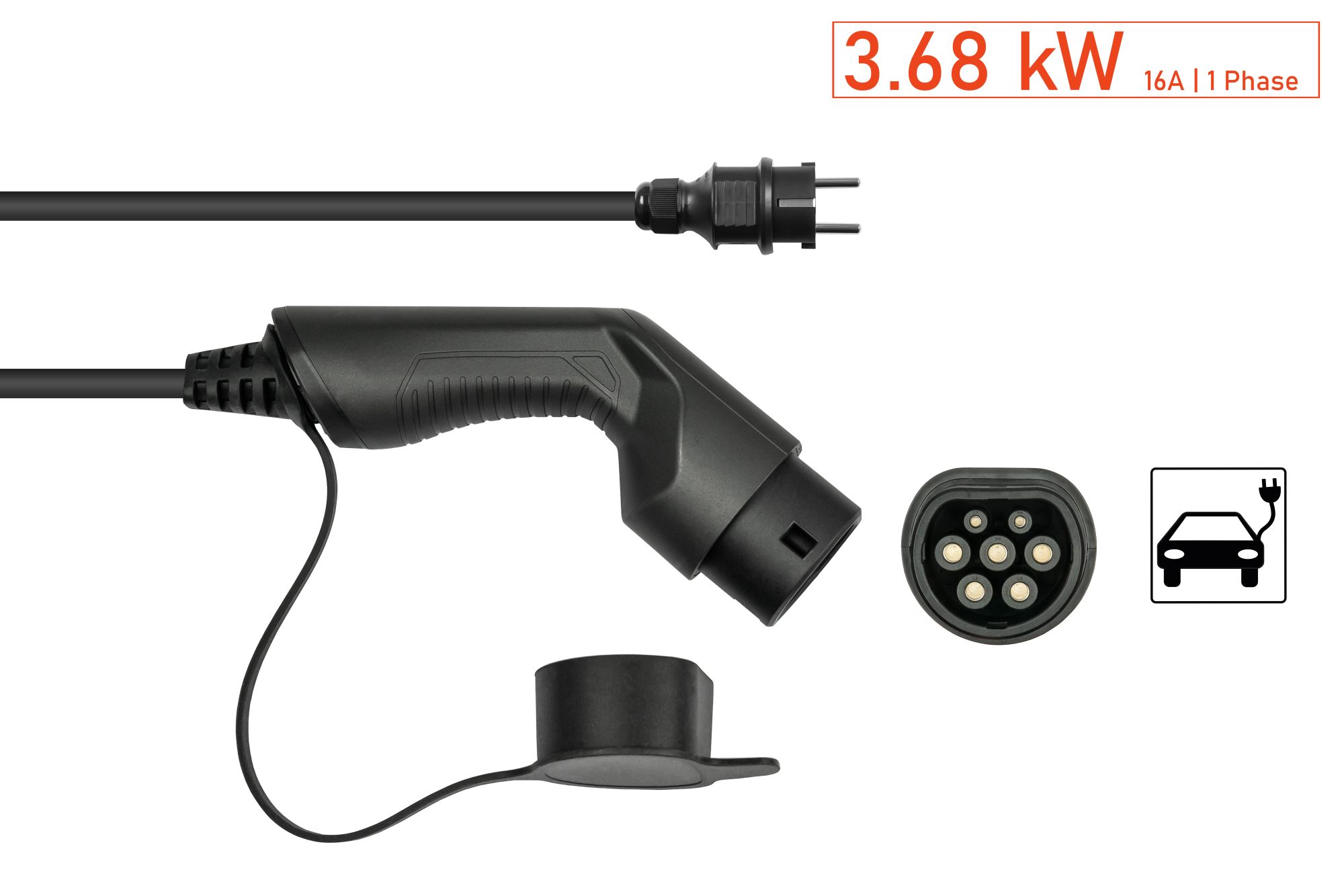 kabelmeister® Typ 2 Ladegerät mit geradem Schutzkontakt-Stecker, für Elektro- u. Hybridfahrzeuge, 3,6kW, schwarz, 5m