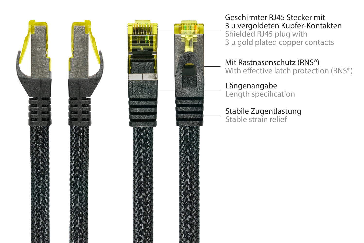 Python® Series RJ45 Patchkabel mit Cat. 7 Rohkabel, Rastnasenschutz (RNS®) und Nylongeflecht, S/FTP, PiMF, halogenfrei, 500MHz, OFC, schwarz, 0,5m