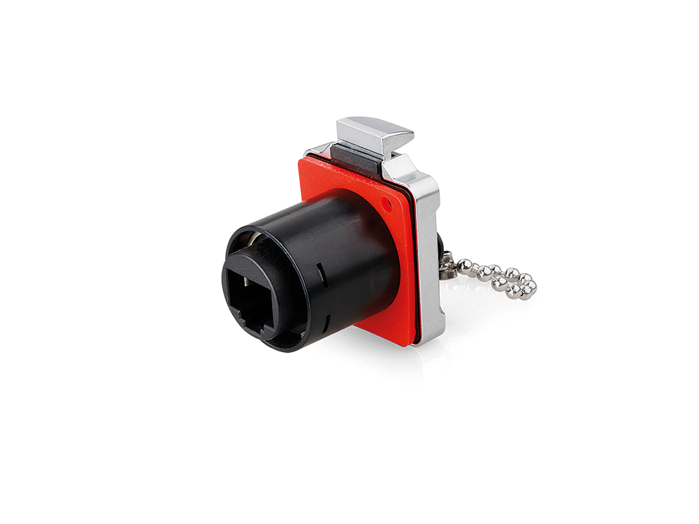 Industrial Connector S2 - RJ45 feed-through coupler with locking mechanism and flange, RJ45 jack on both sides, metal, M24, IP67, Good Connections®