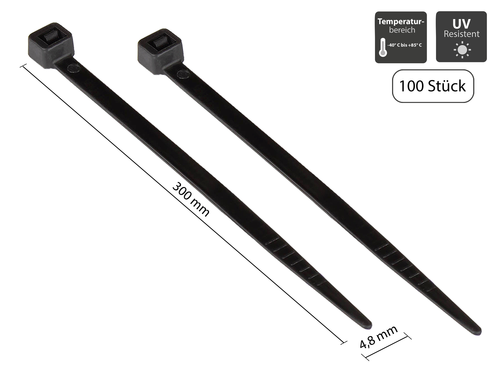 Cable ties 100 mm x 4,8 mm, black, UL, UV-resistant, -40 °C to +85 °C, 100 pieces, Good Connections®