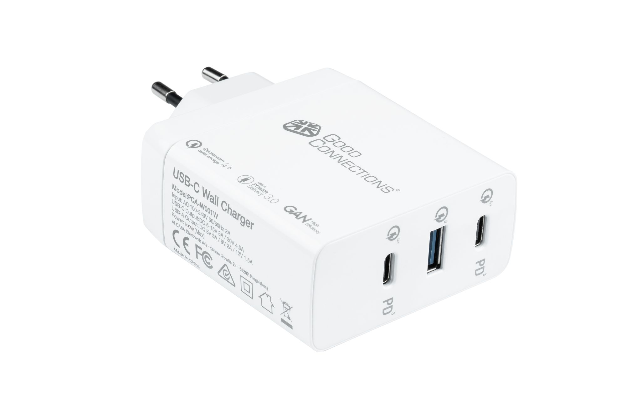 USB-Schnellladegerät 100W mit GaN-Technologie, 3-Port (2x USB-C™ und 1x USB-A), PD 3.0, QC 4+, weiß, Good Connections®