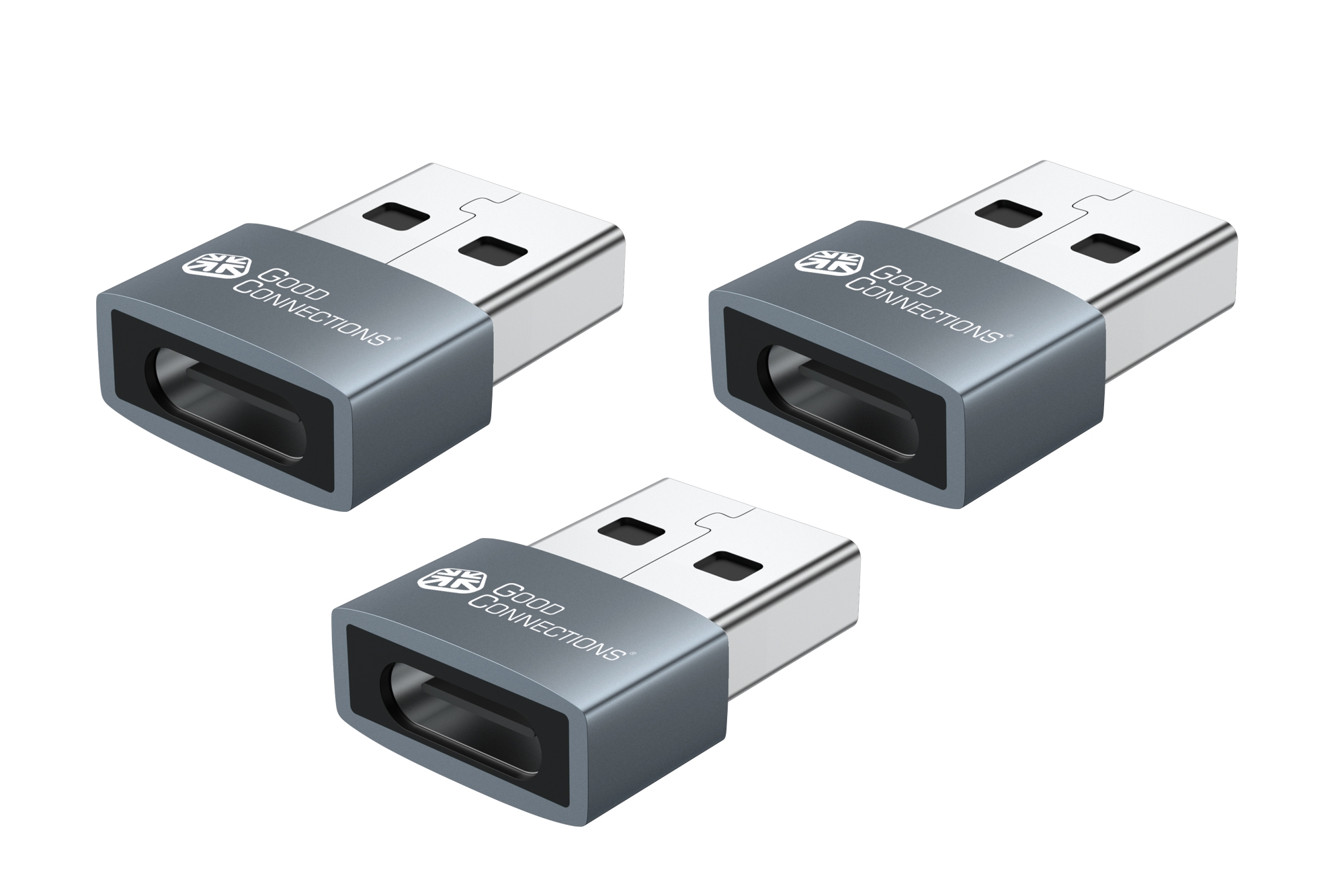 Adapter USB 2.0 plug A to USB-C™ socket, aluminum housing, grey, set of 3, Good Connections®