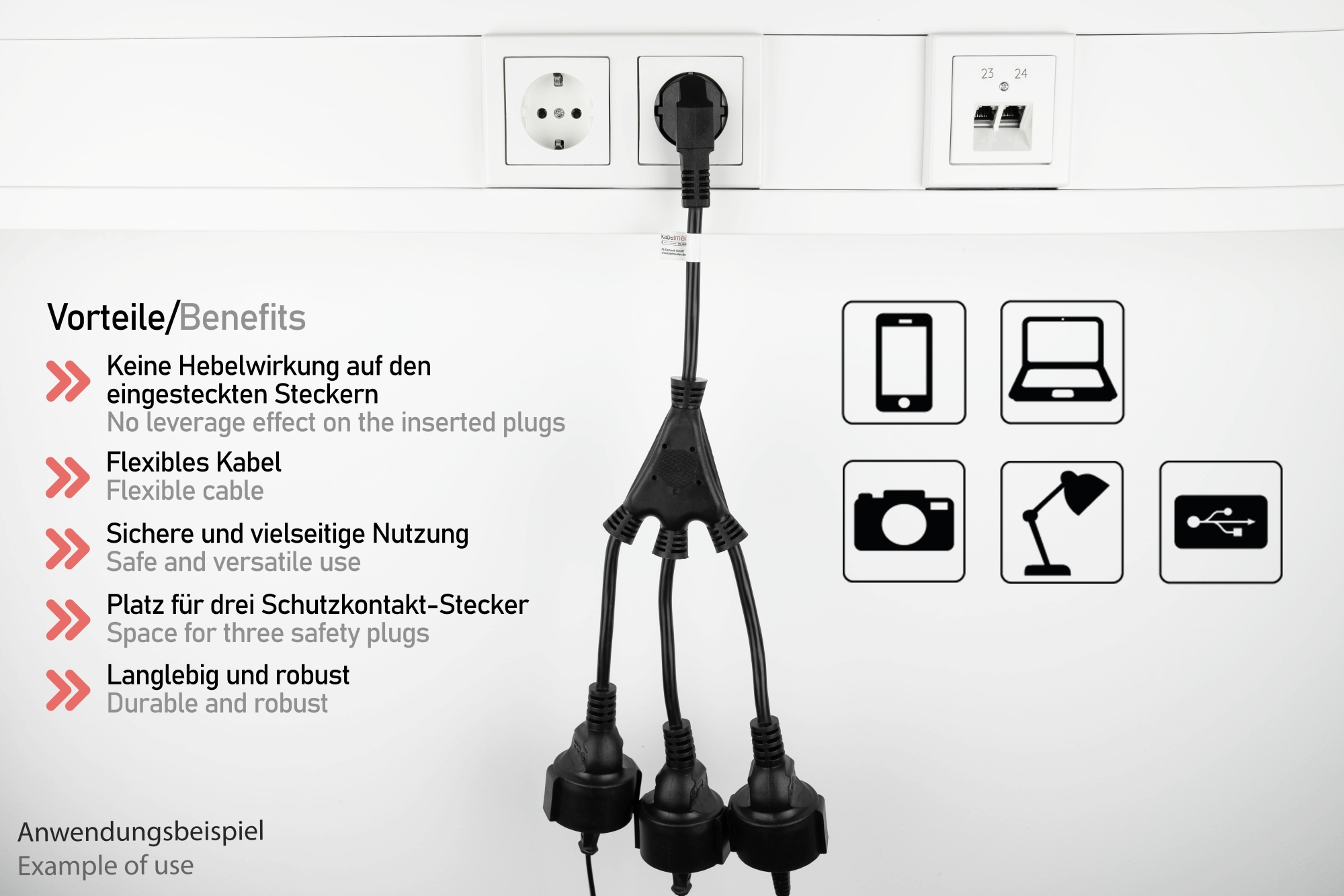 kabelmeister® W-Netzkabel Schutzkontakt-Stecker Typ E+F (CEE 7/7, gewinkelt) an 3x Buchse, schwarz, 0,2m