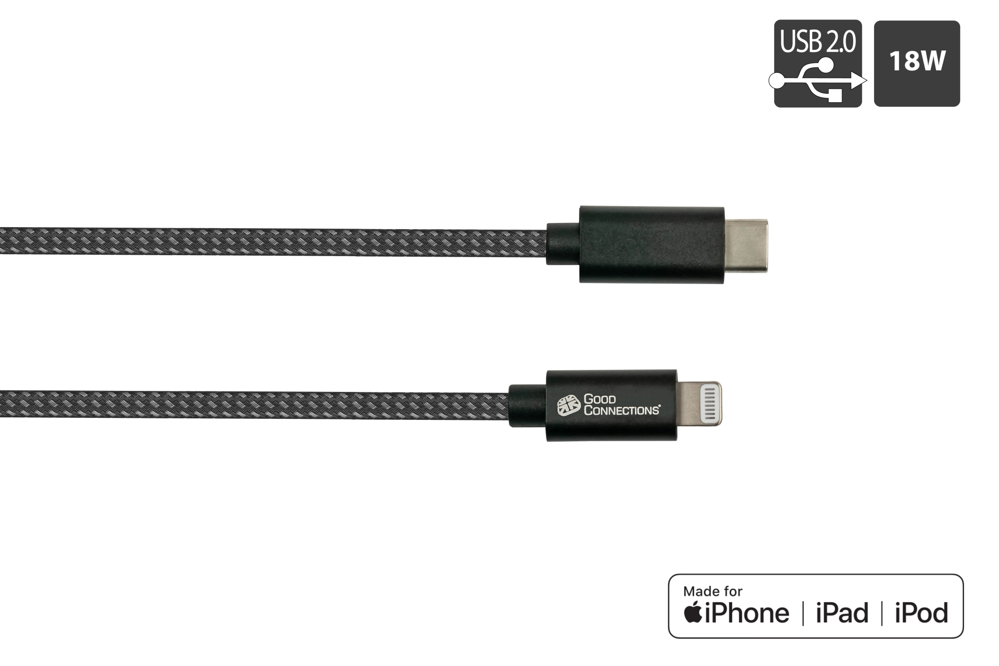 USB 2.0 Charging and data cable for iPhone/iPad/iPod, USB-C™ plug to Lightning™ plug, MFI certified, 18W, black, 0,5m, Good Connections®