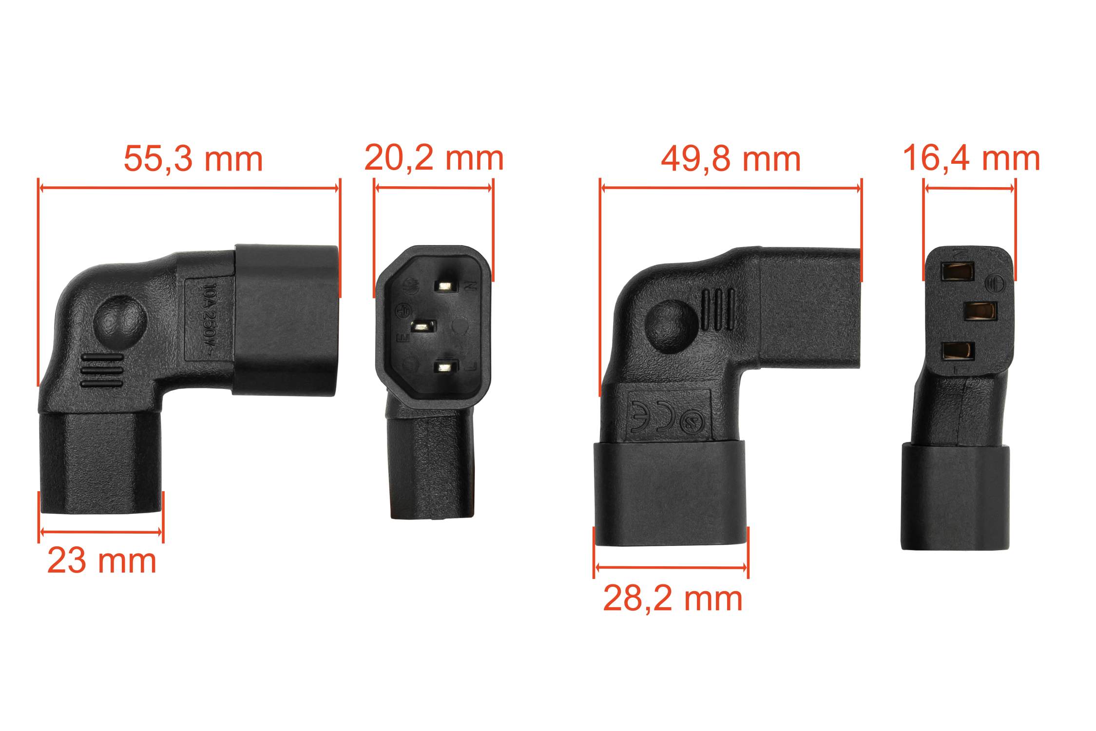 kabelmeister® Power adapter IEC plug C14 to IEC socket C13, angled left/right, black