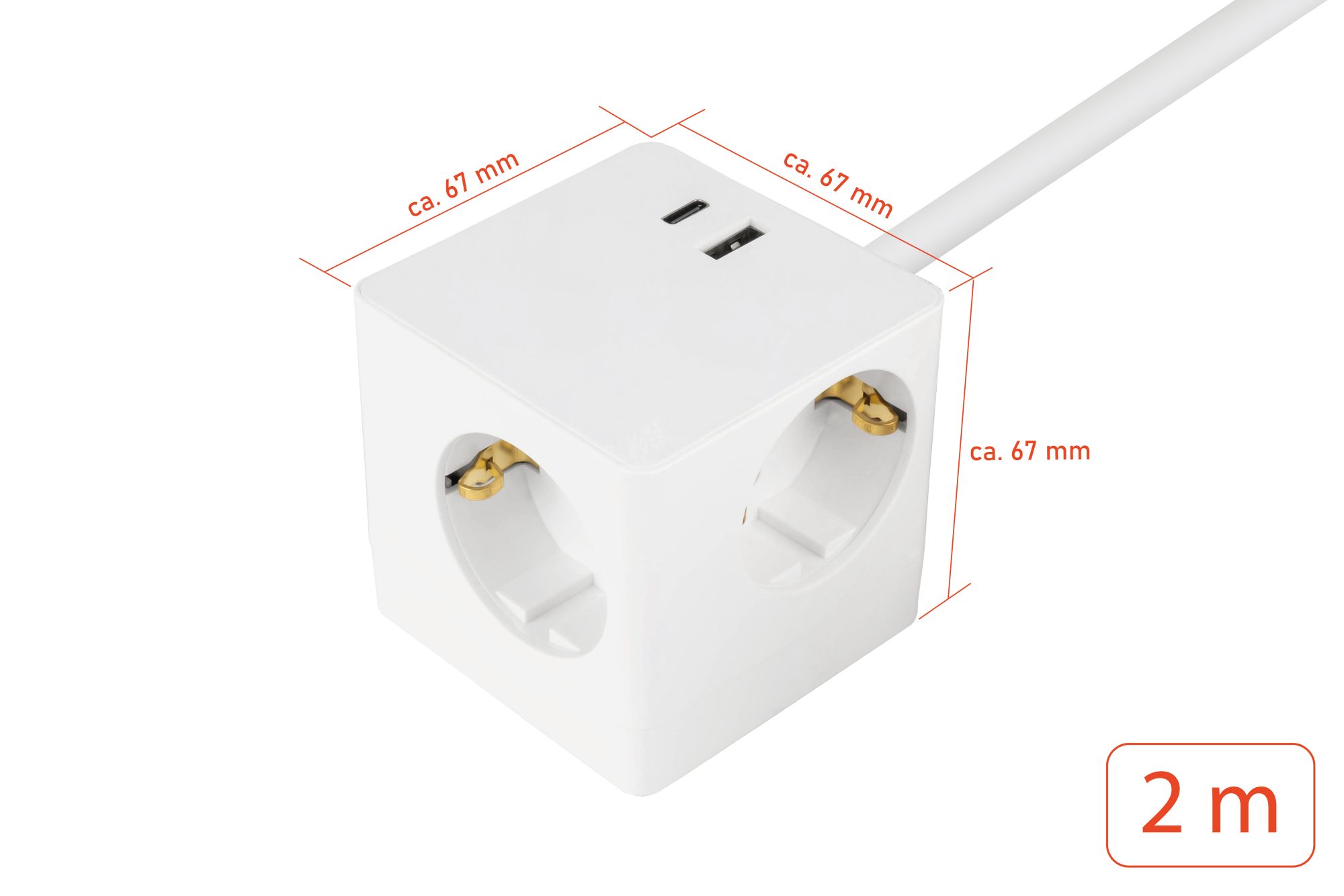 kabelmeister® Socket cube with 2m supply cable, 3x safety socket, USB-C™ (20W, PD 3.0) and USB-A socket (18W), white