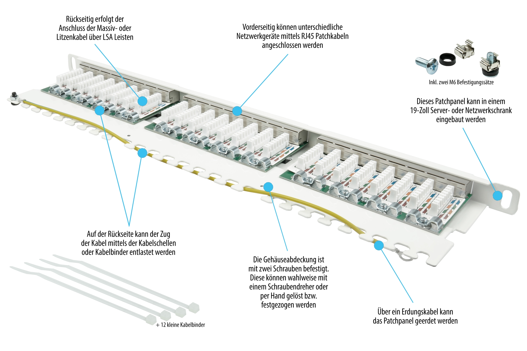 Patch Panel 19" Cat. 6, 24-port, 0,5 U, STP shielded, toolless opening, pure white (RAL9010), Good Connections®
