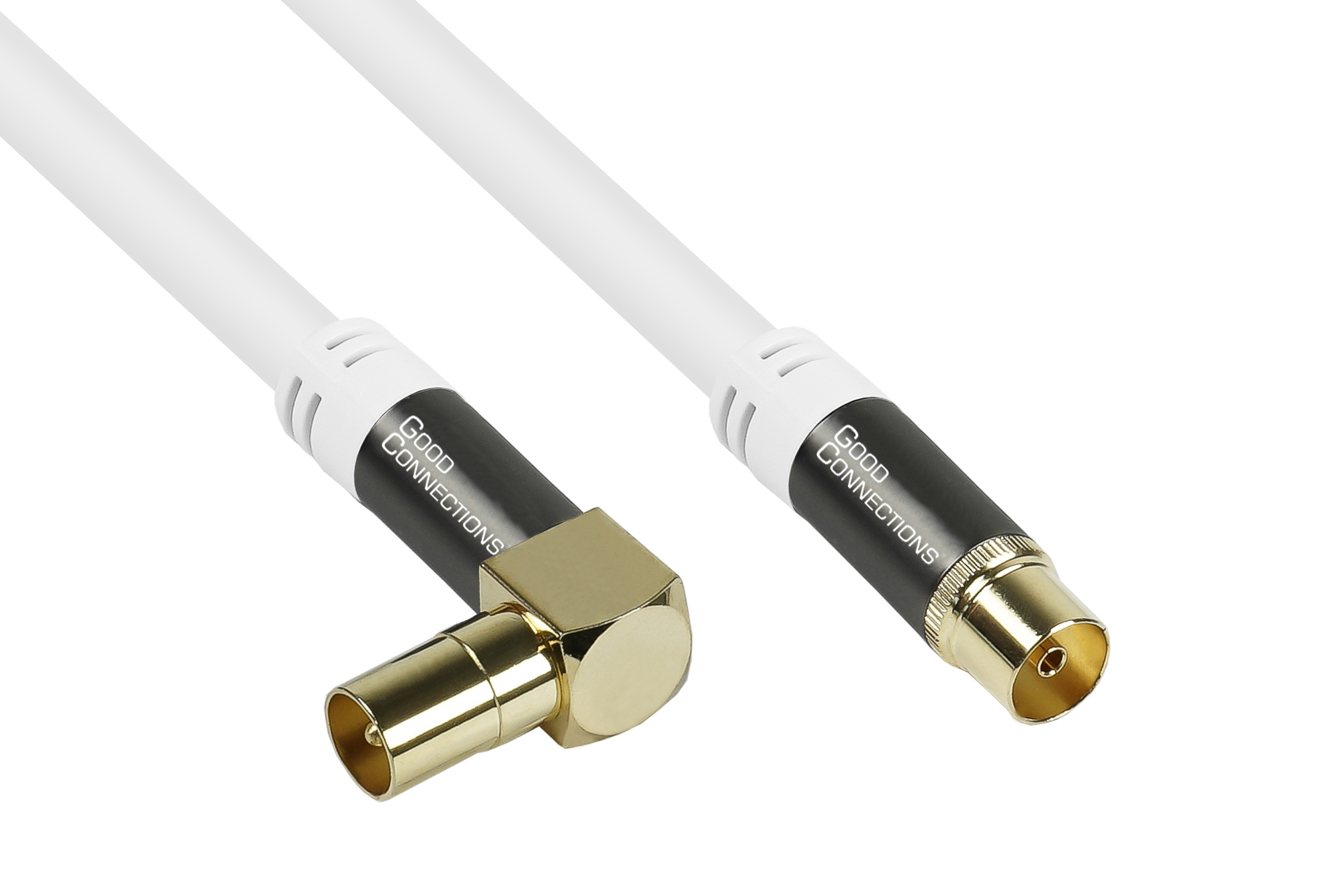 Antenna cable SmartFLEX, IEC/coax plug angled to socket, gold-plated, quad-shielded, shielding measure 120dB, white, 2m, Good Connections®